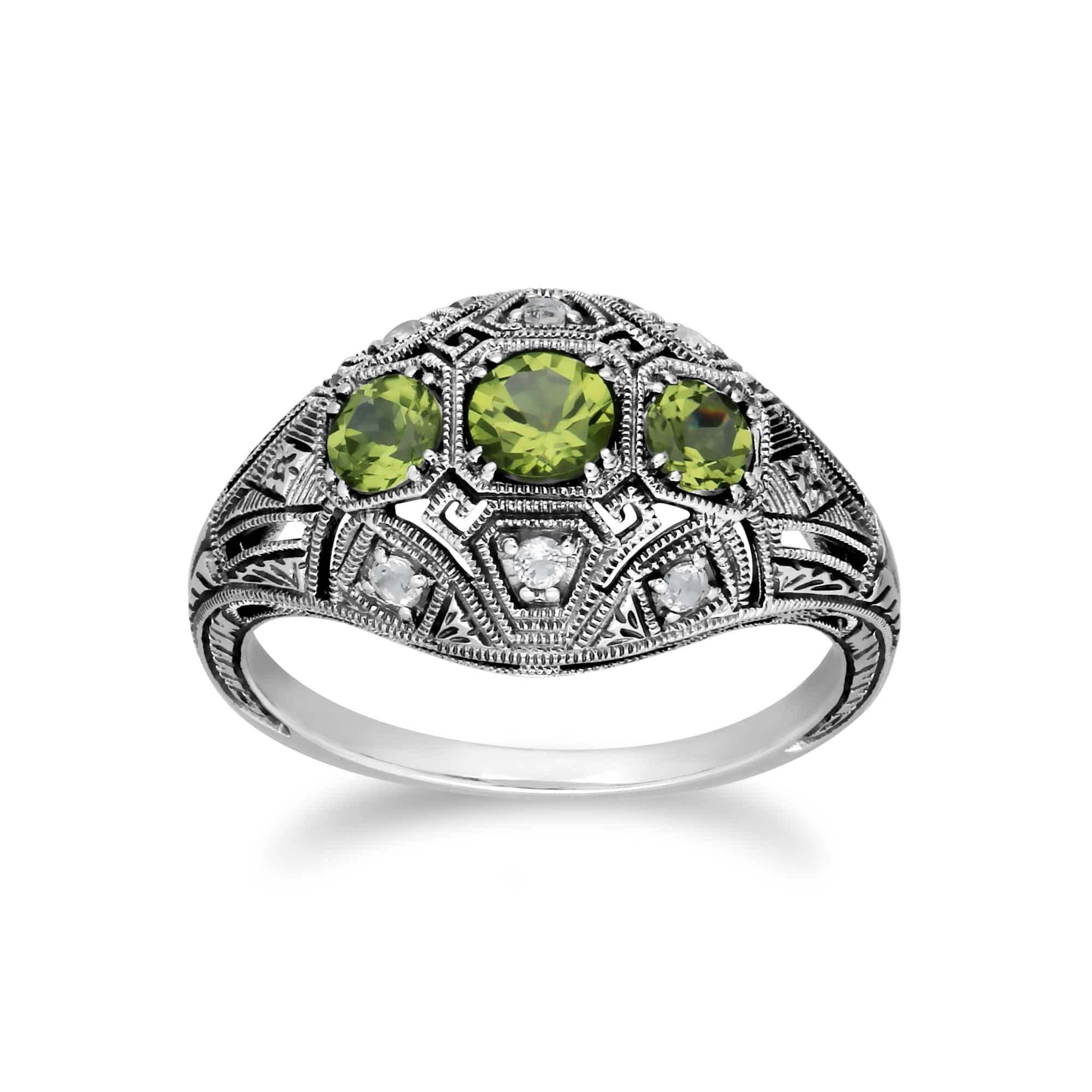 241R210404925 Art Deco Style Round Peridot & White Topaz Three Stone Ring in 925 Sterling Silver 1