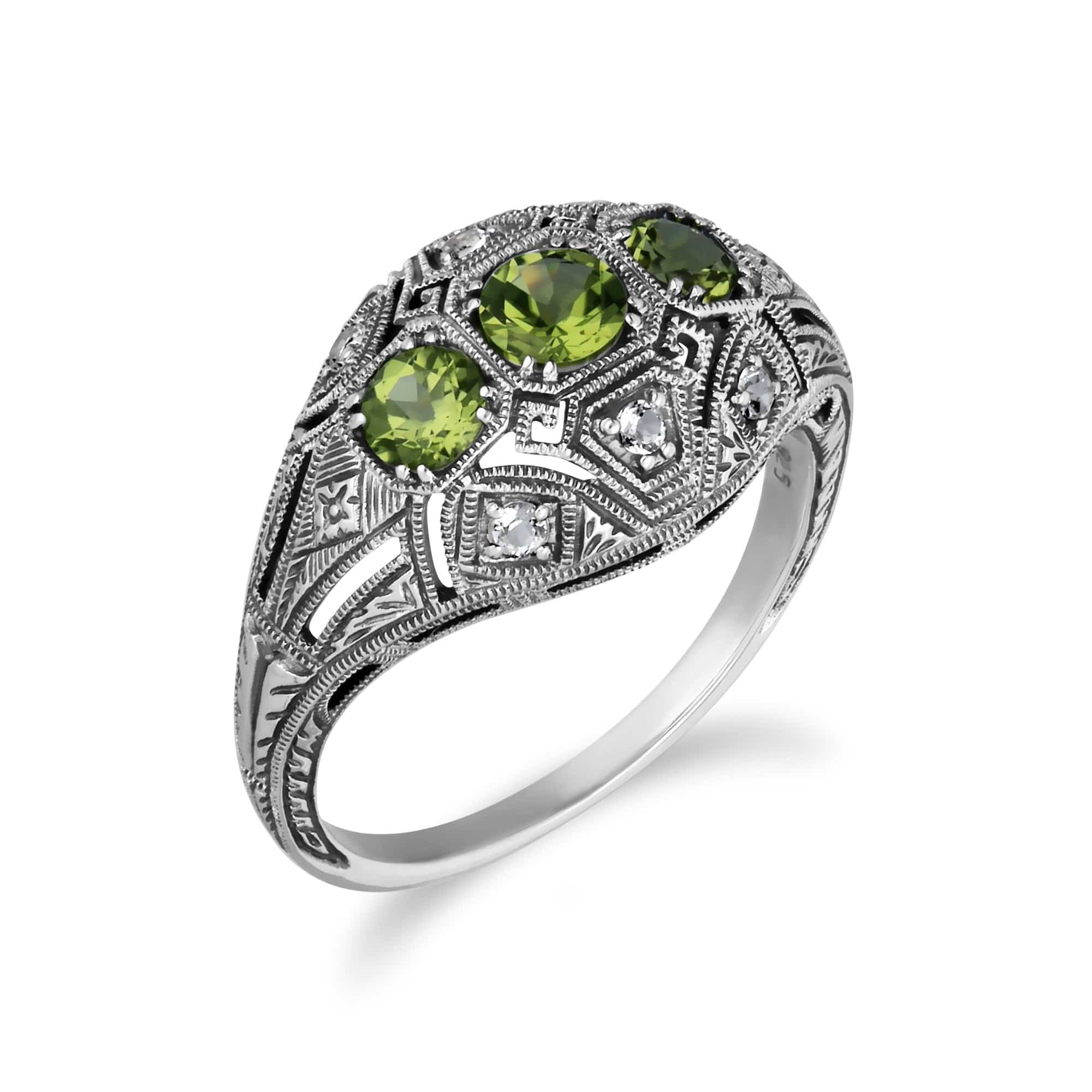 241R210404925 Art Deco Style Round Peridot & White Topaz Three Stone Ring in 925 Sterling Silver 2