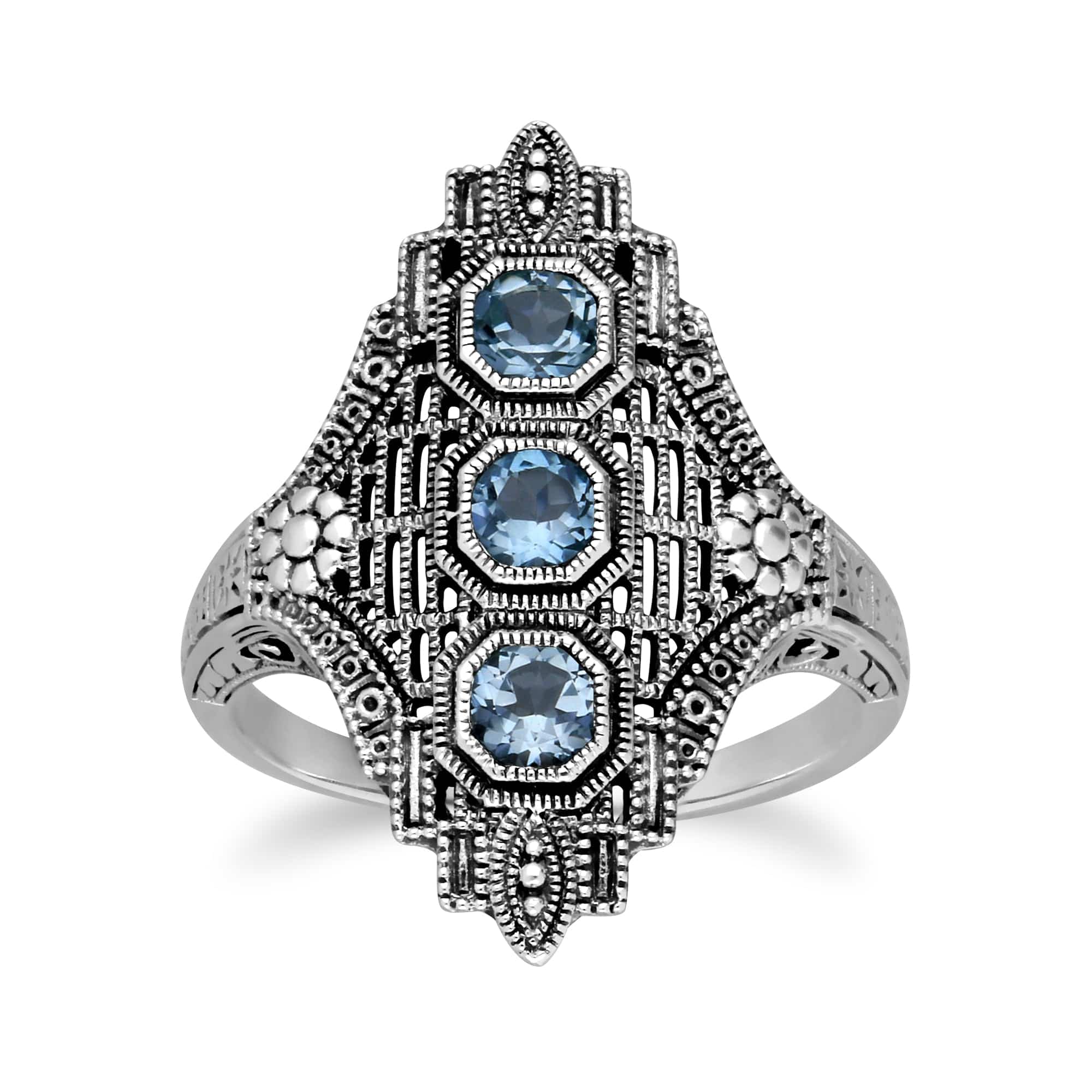 241R210503925 Art Nouveau Style Octagon Blue Topaz Three Stone Filigree Statement Ring in 925 Sterling Silver 1