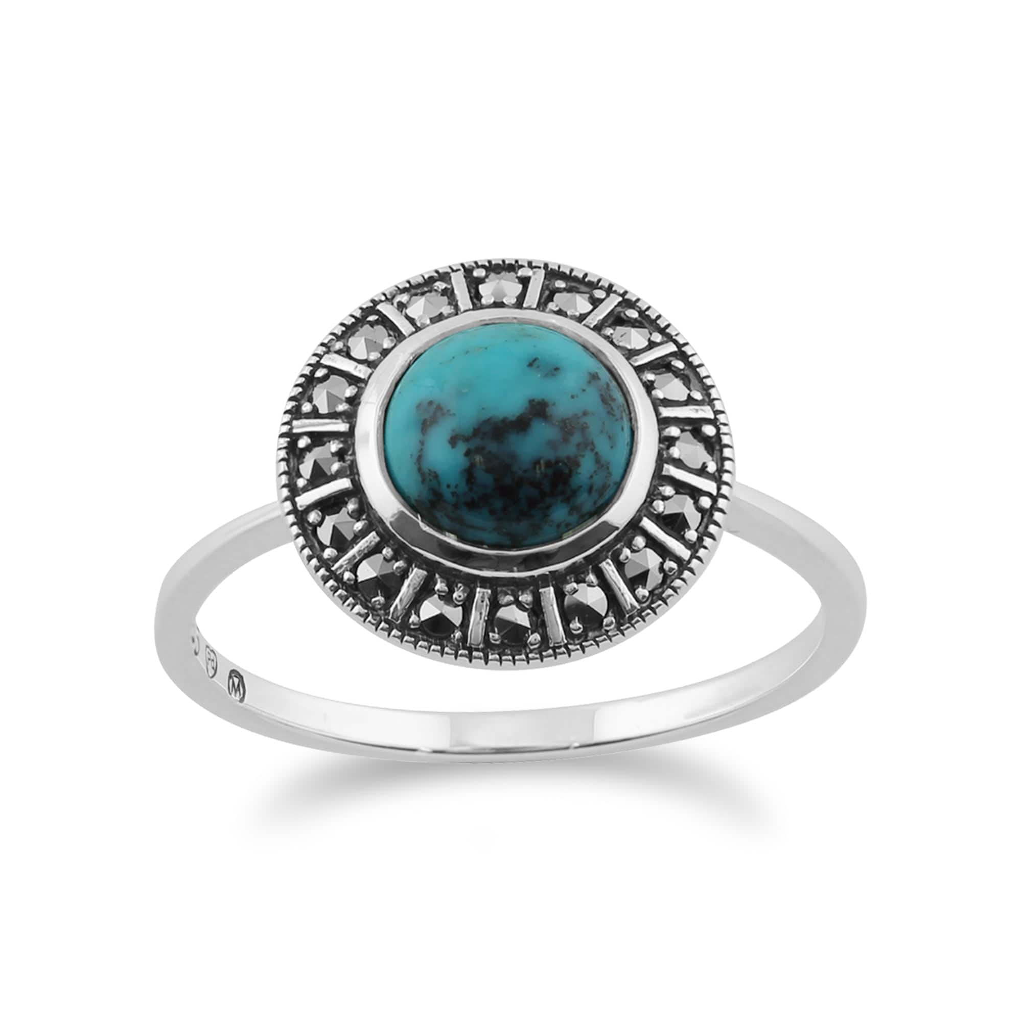 Art Deco Style Round Turquoise Cabochon & Marcasite Halo Ring in 925 Sterling Silver - Gemondo