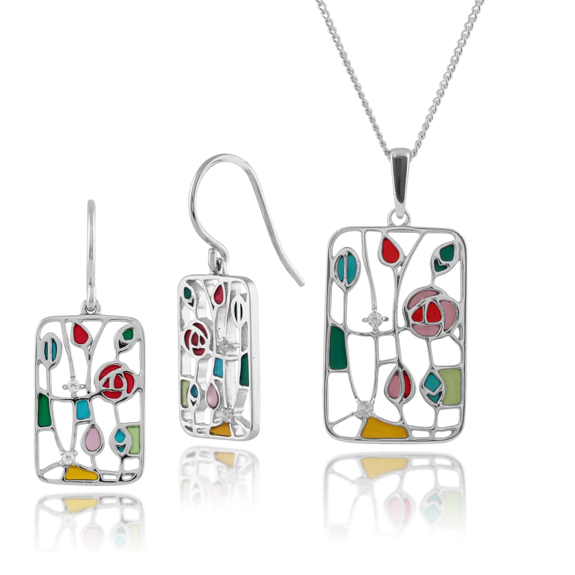 243E035301925-243N015601925 Rennie Mackintosh Inspired Inspired Round Topaz & Enamel Rose Rectangle Drop Earrings & Pendant Set in 925 Sterling Silver 1