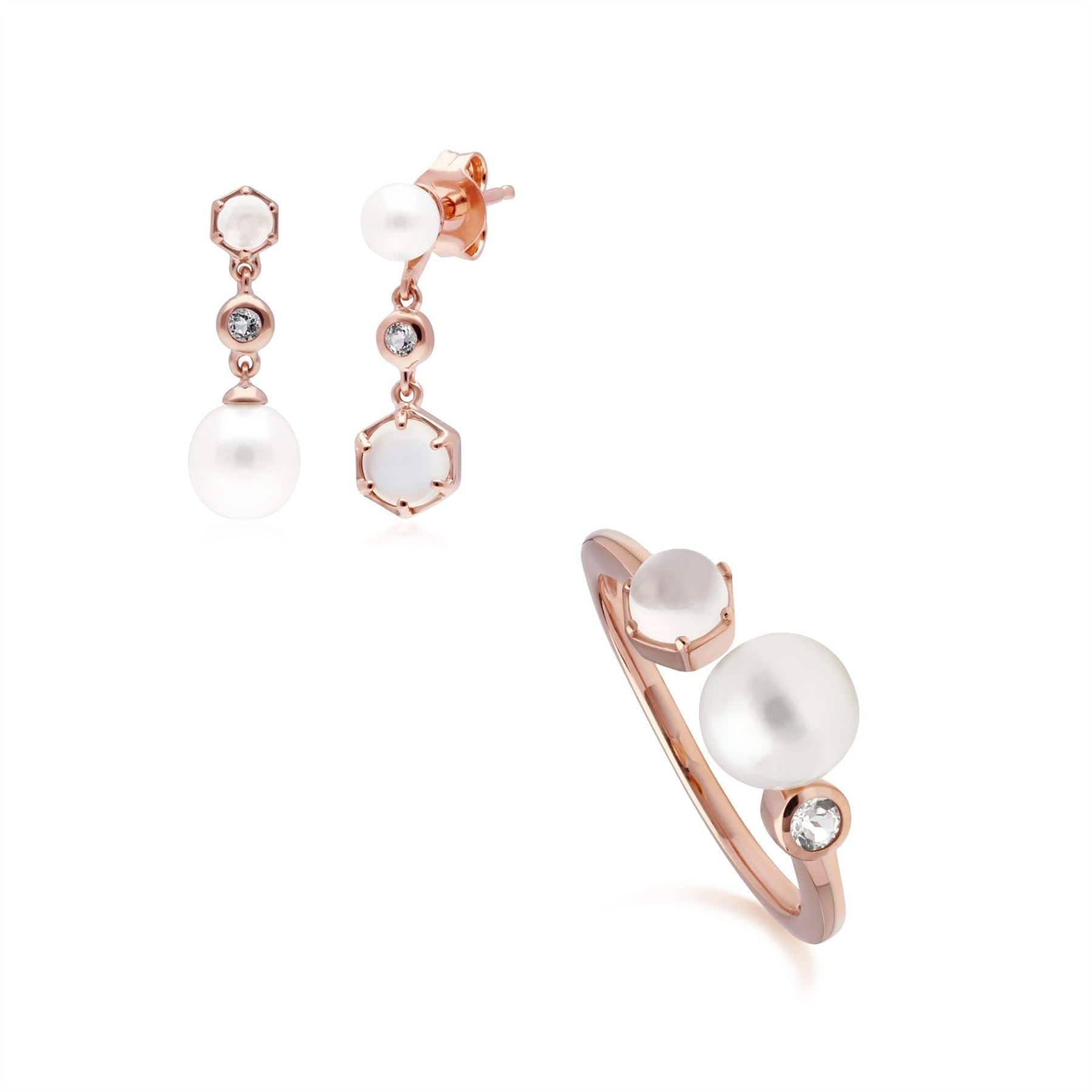 Modern Pearl, Moonstone & Topaz Earring & Ring Set in Rose Gold Plated Silver - Gemondo