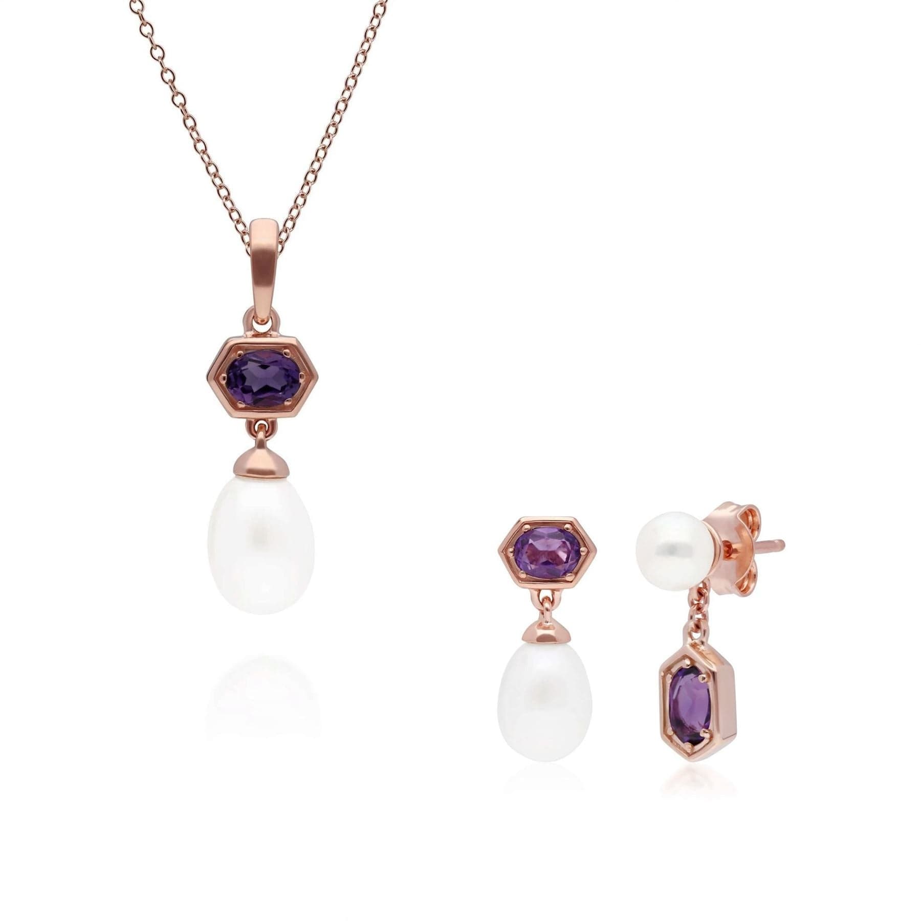 270P030410925-270E030410925 Modern Pearl & Amethyst Pendant & Earring Set in Rose Gold Plated Silver 1