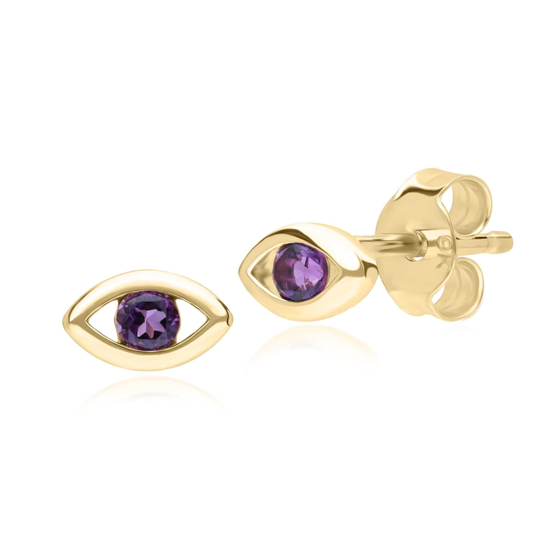 135E1825029 ECFEW™ Dainty Evil Eye Amethyst Stud Earrings in 9ct Yellow Gold Front