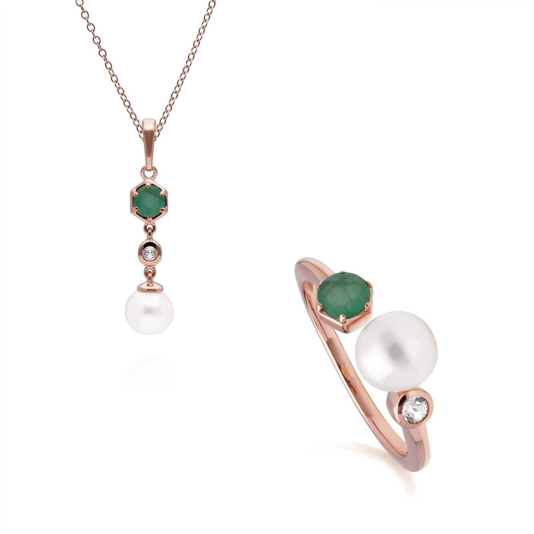 Modern Pearl, Emerald & Topaz Pendant & Ring Set in Rose Gold Plated Silver - Gemondo