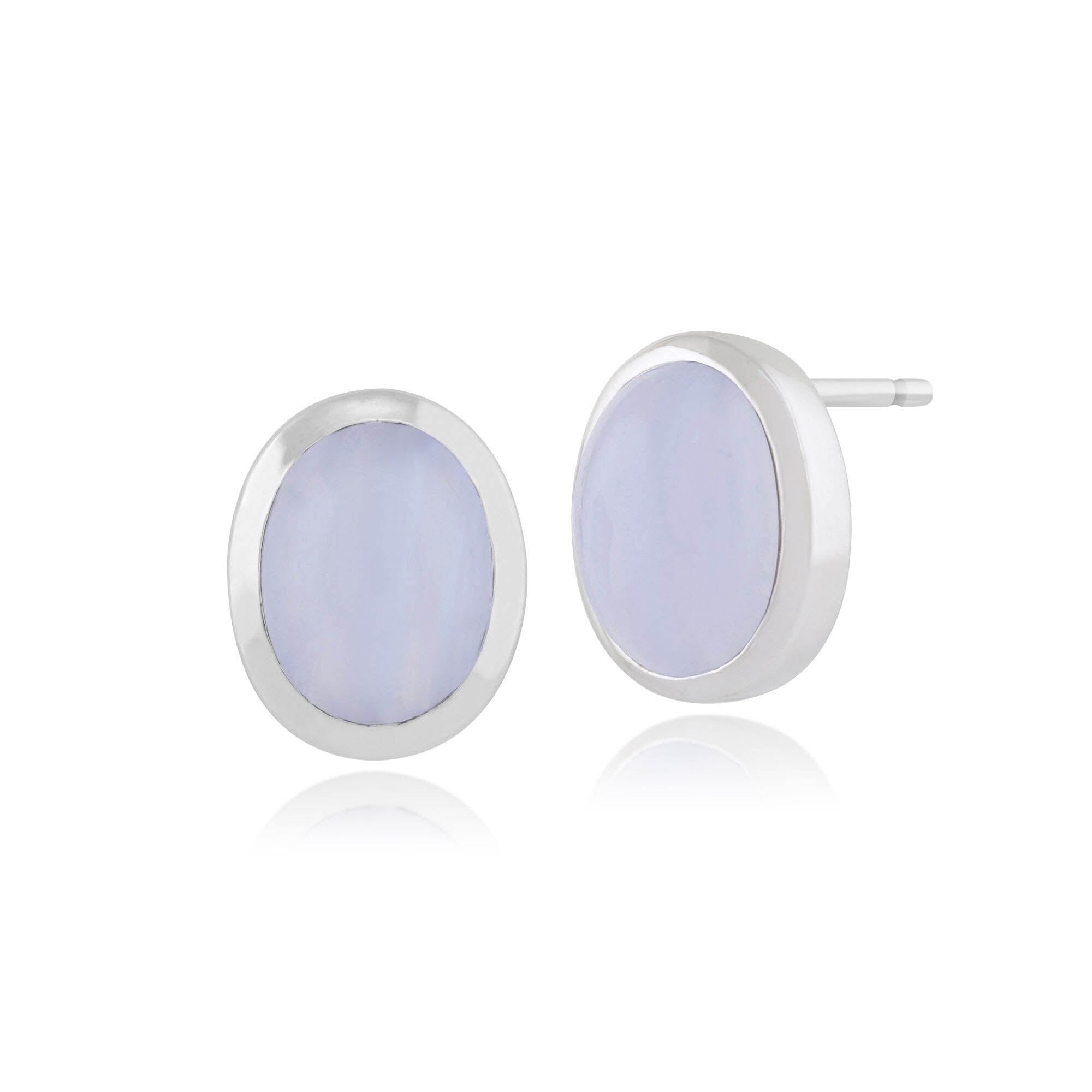 Classic Oval Blue Lace Agate Bezel Set Stud Earrings in 925 Sterling Silver - Gemondo