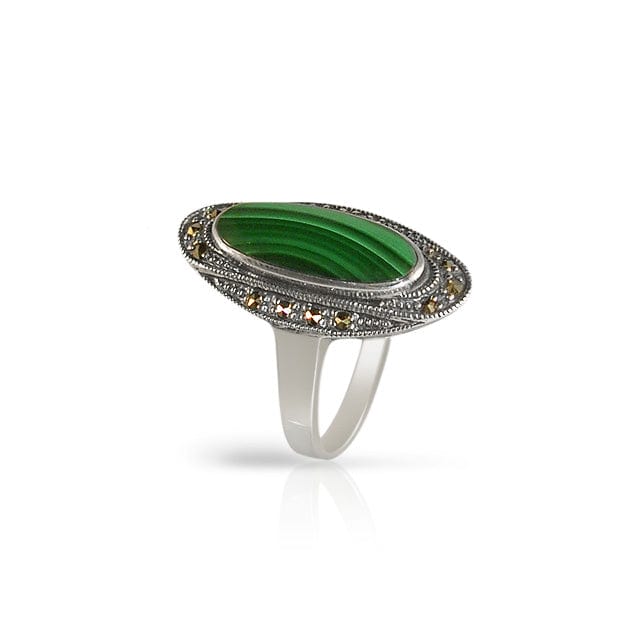 Art Deco Style Oval Malachite Cabochon Cocktail Ring in 925 Sterling Silver - Gemondo