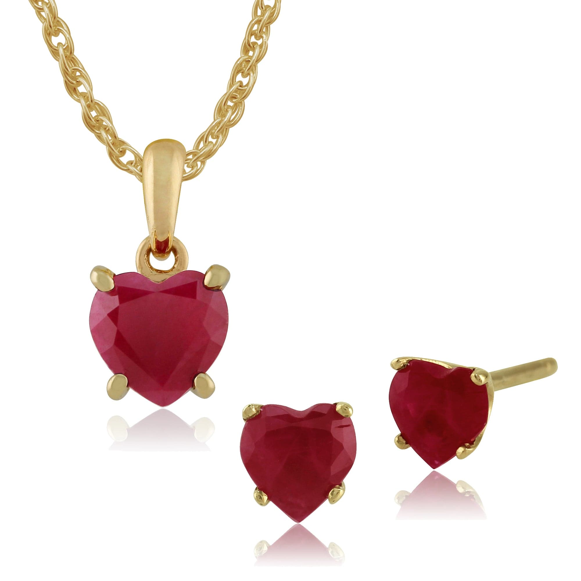 26939-135P1463019 Classic Heart Ruby Single Stone Love Heart Stud Earrings & pendant Set in 9ct Yellow Gold 1