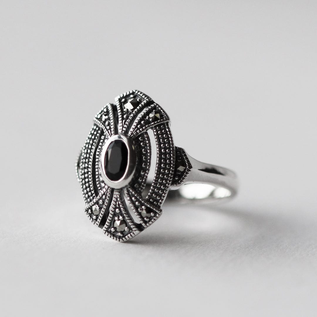 27092 Art Deco Style Oval Black Onyx & Marcasite Cocktail Ring in 925 Sterling Silver 3