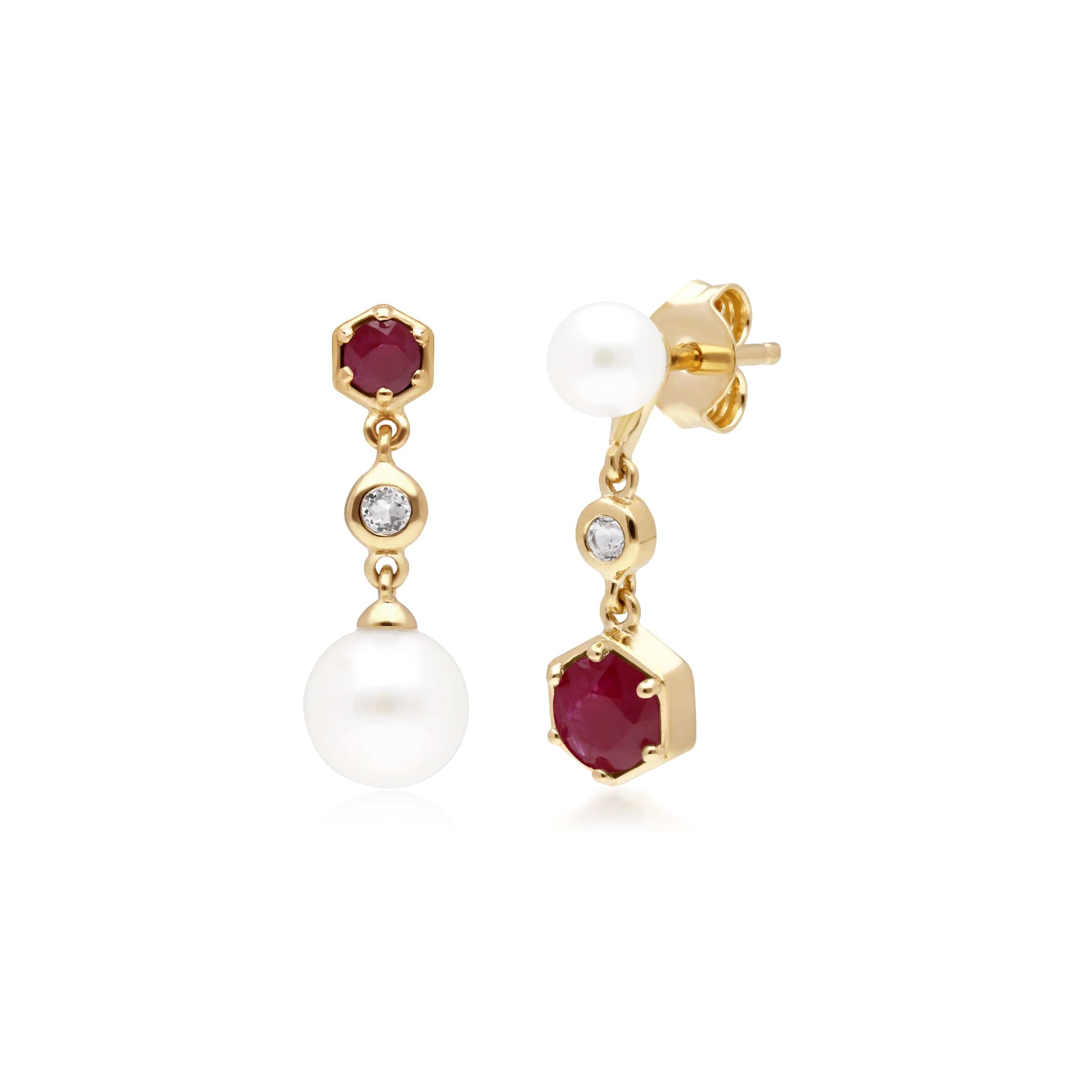 270E030102925 Modern Pearl, Ruby & Topaz Mismatched Drop Earrings in Gold Plated Silver 1