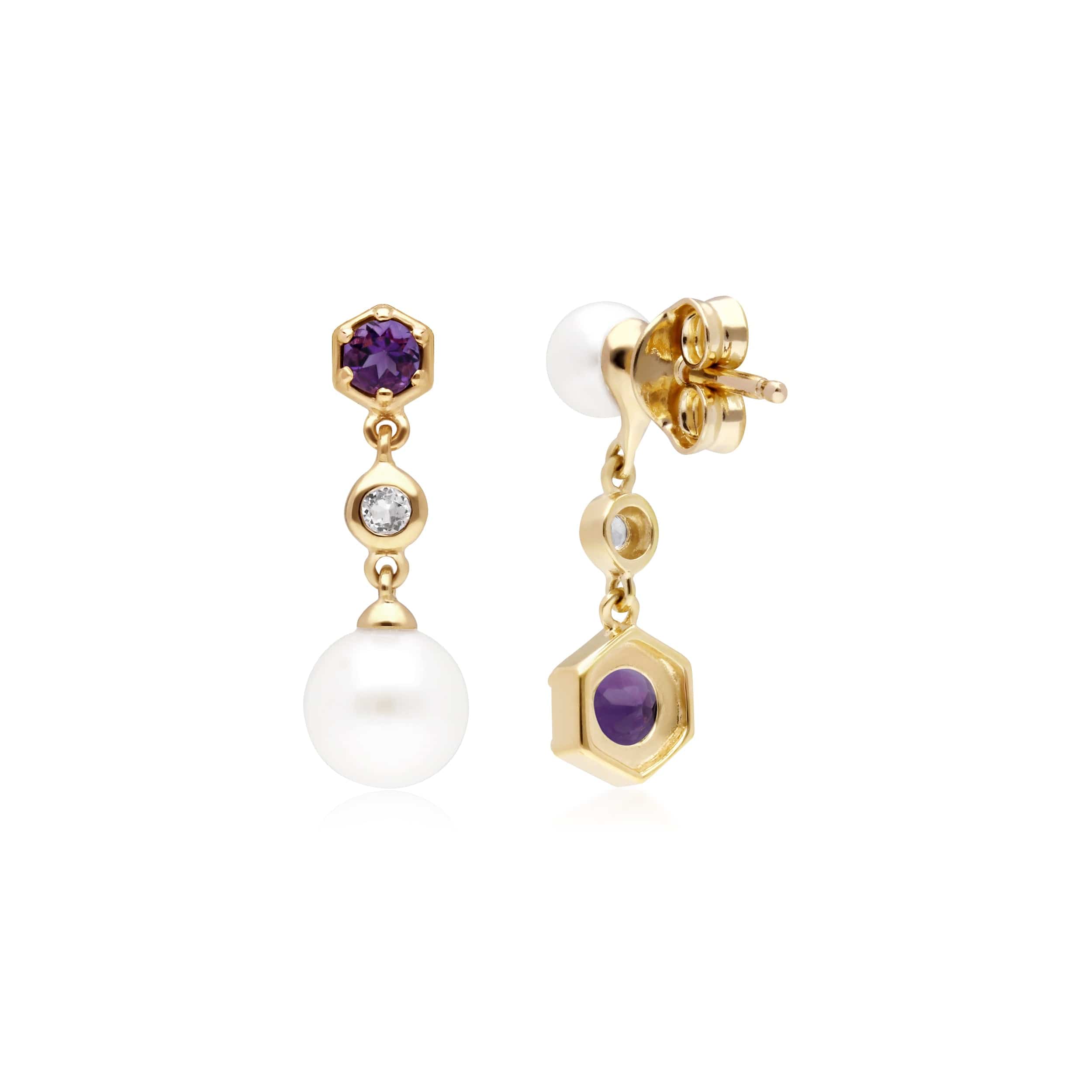 270E030104925 Modern Pearl, Amethyst & Topaz Mismatched Drop Earrings in Gold Plated Silver 2