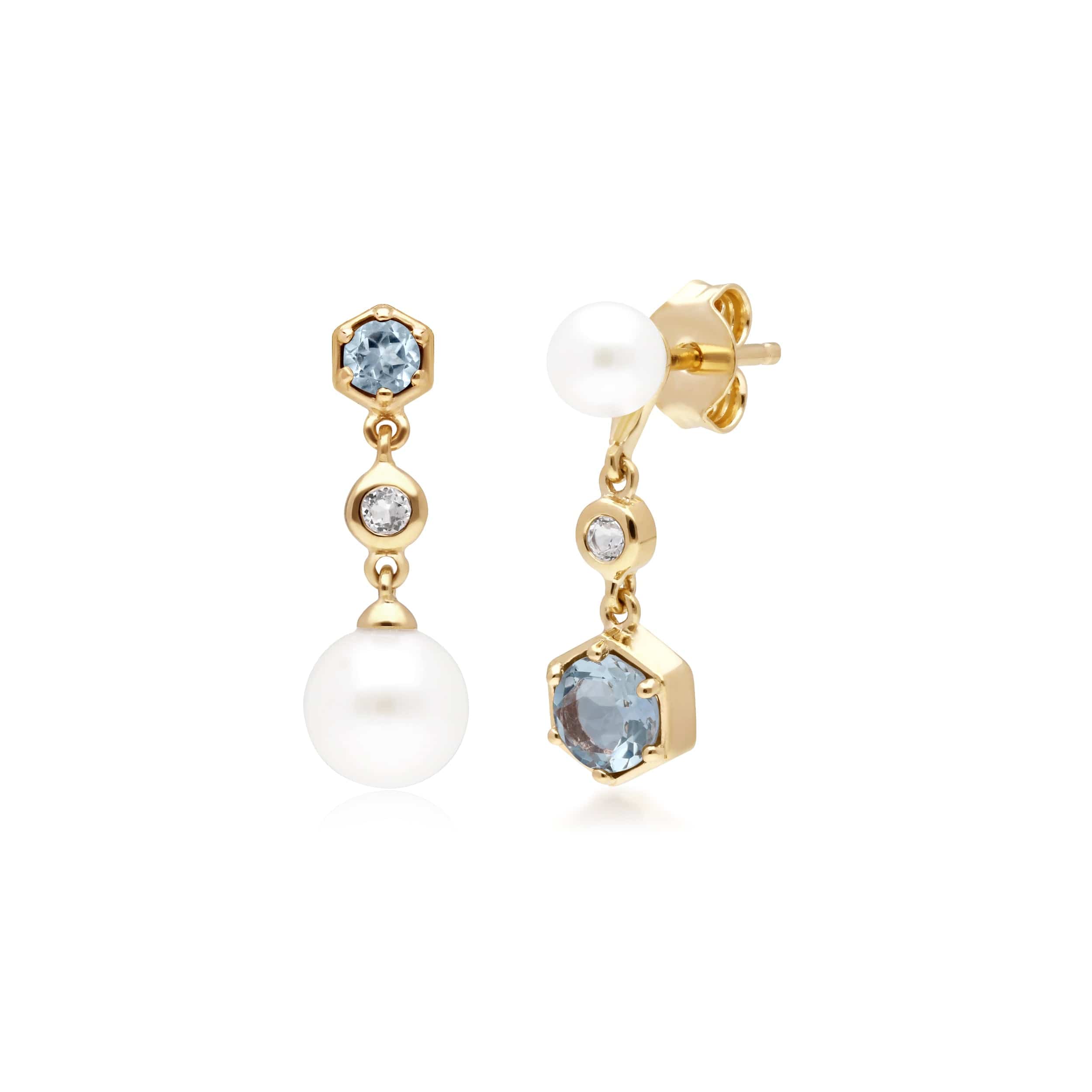 270E030105925 Modern Pearl, Aquamarine & Topaz Mismatched Drop Earrings in Gold Plated Silver 1