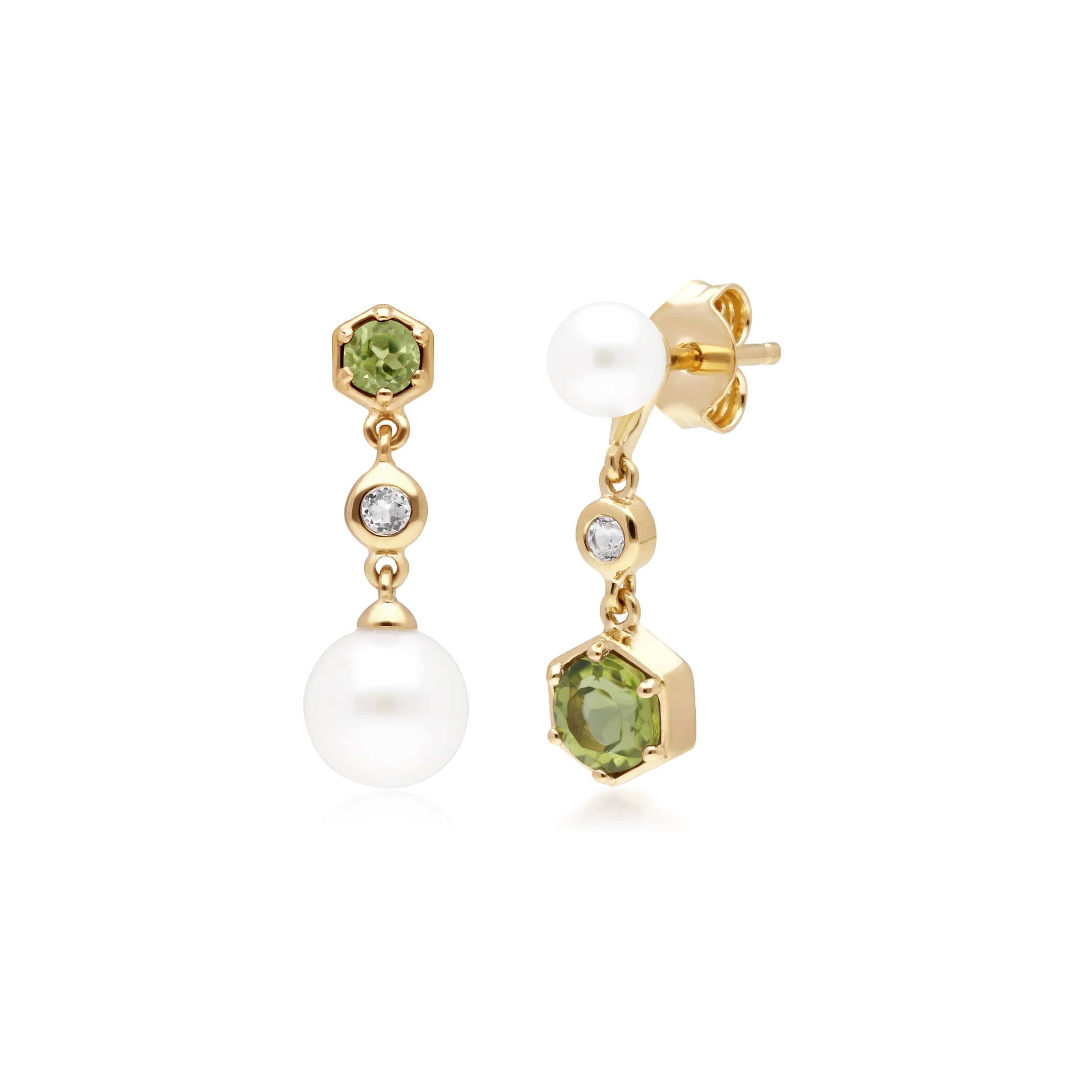 270E030106925 Modern Pearl, Peridot & Topaz Mismatched Drop Earrings in Gold Plated Silver 1