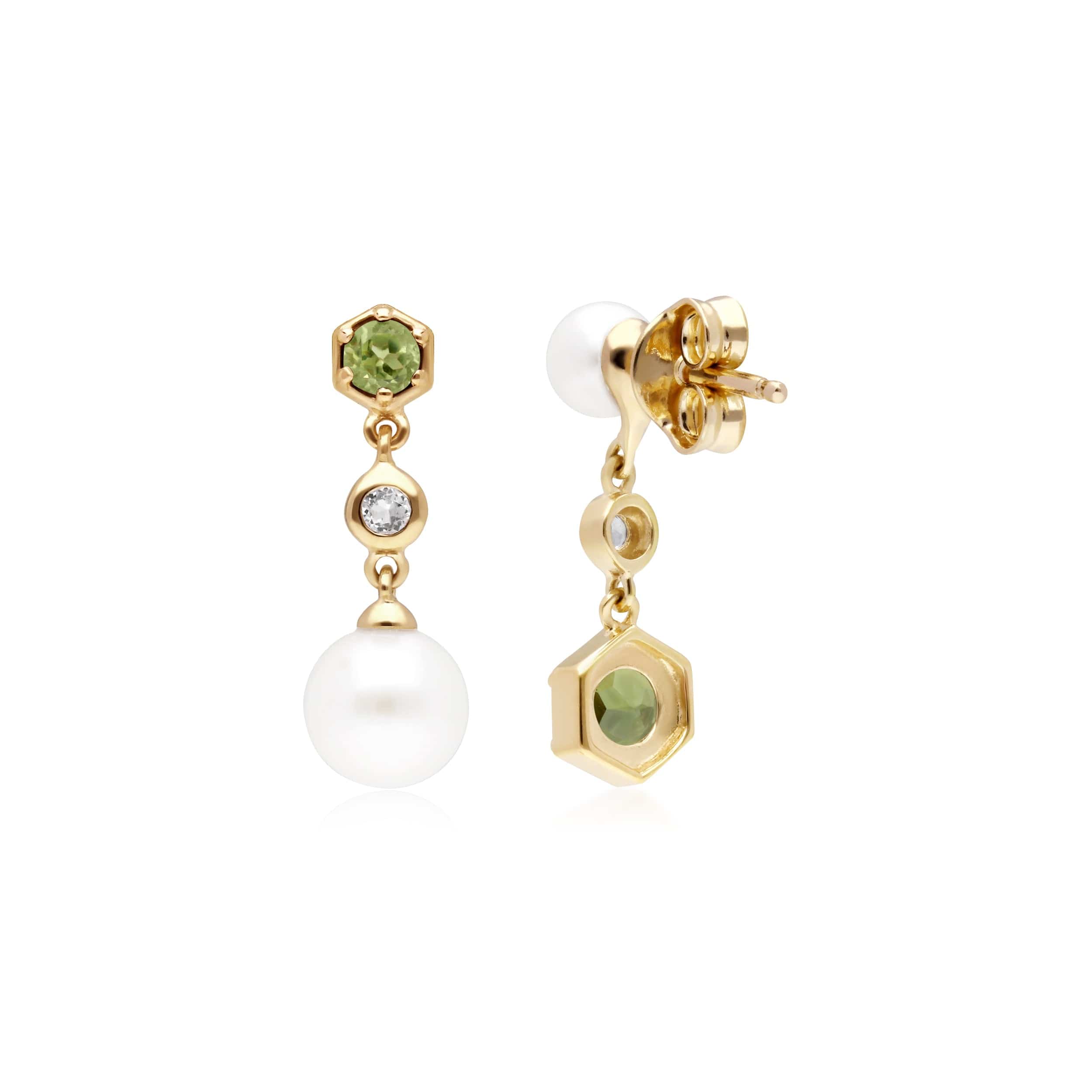 270E030106925 Modern Pearl, Peridot & Topaz Mismatched Drop Earrings in Gold Plated Silver 2