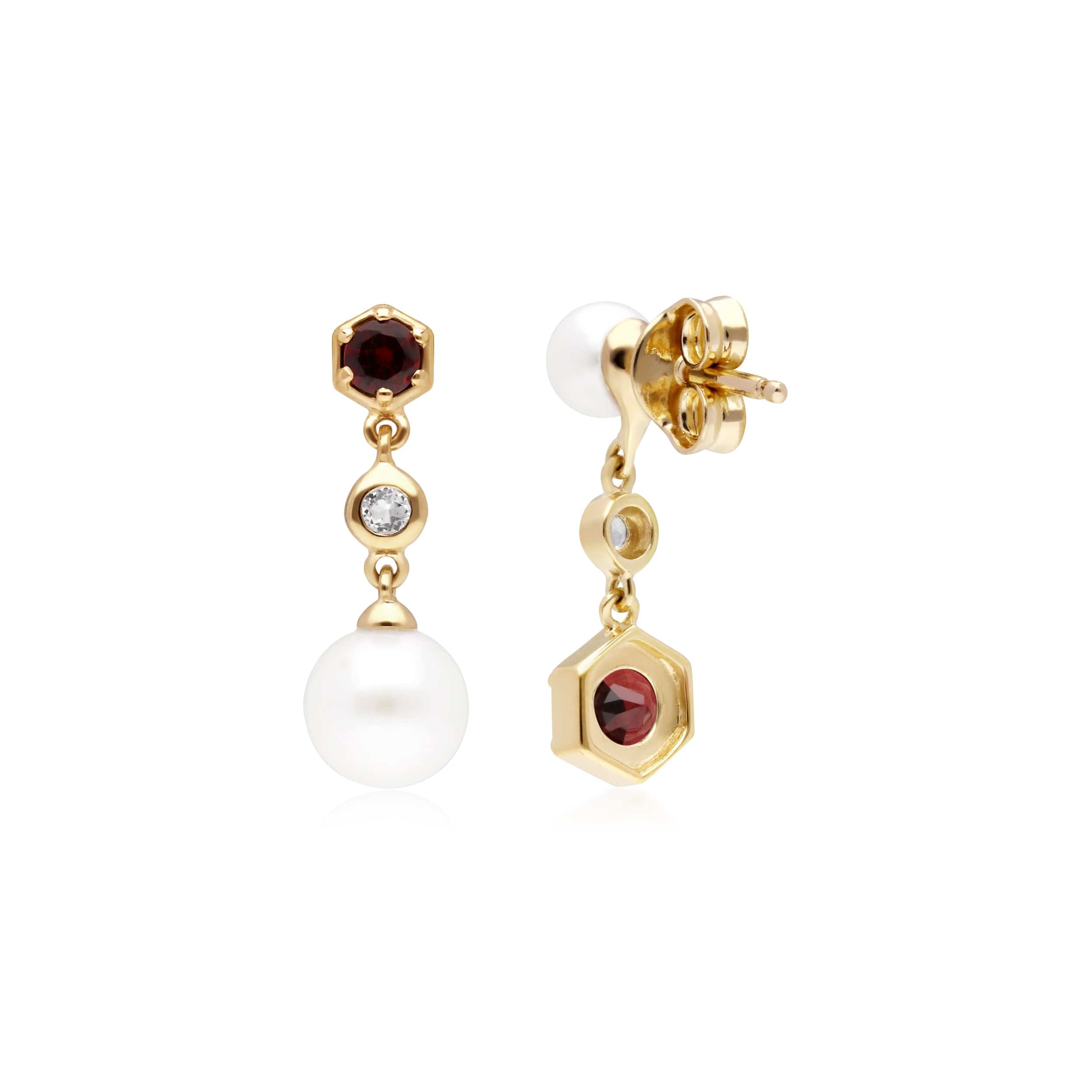 270E030107925 Modern Pearl, Garnet & Topaz Mismatched Drop Earrings in Gold Plated Silver 2