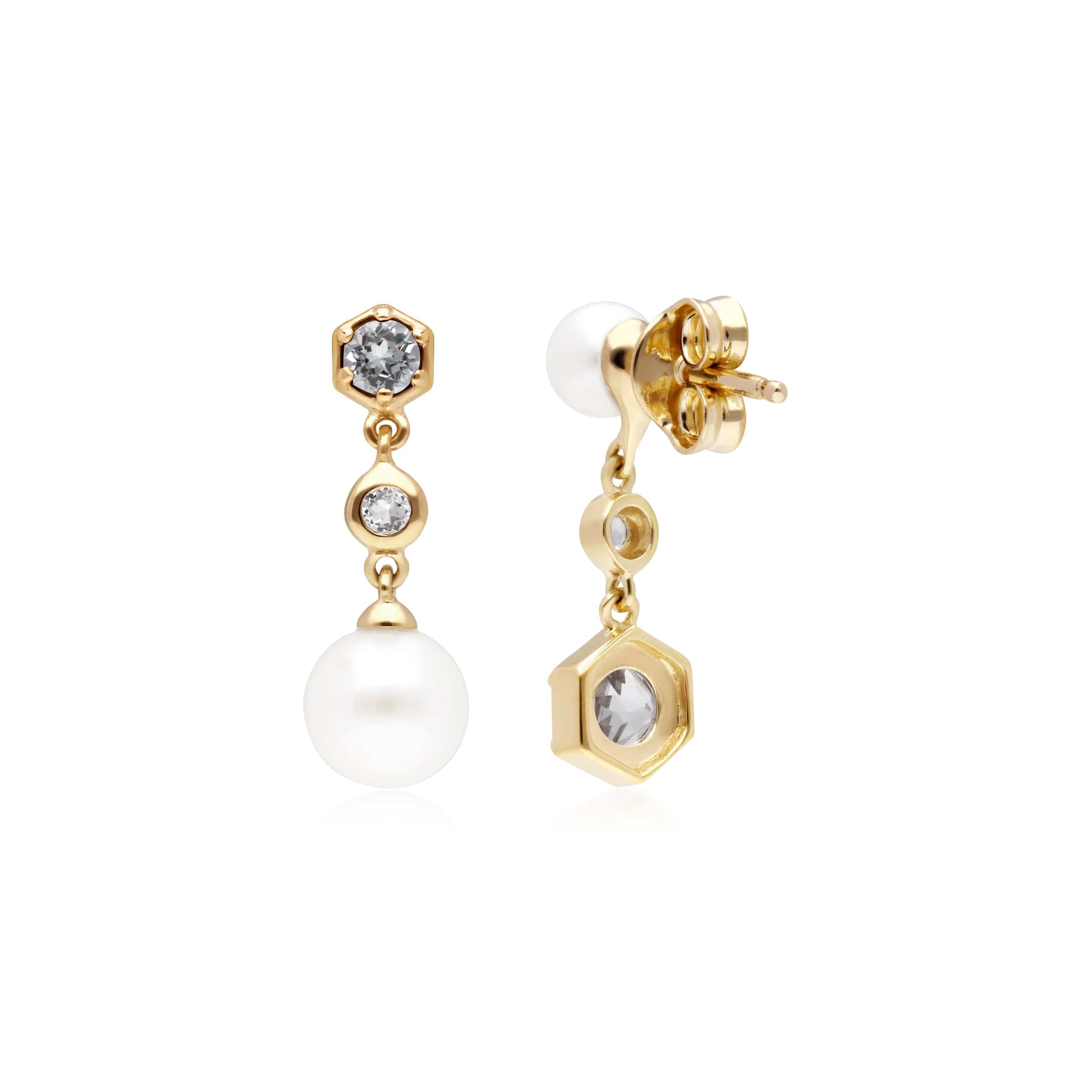 270E030109925 Modern Pearl, White Topaz Mismatched Drop Earrings in Gold Plated Silver 2