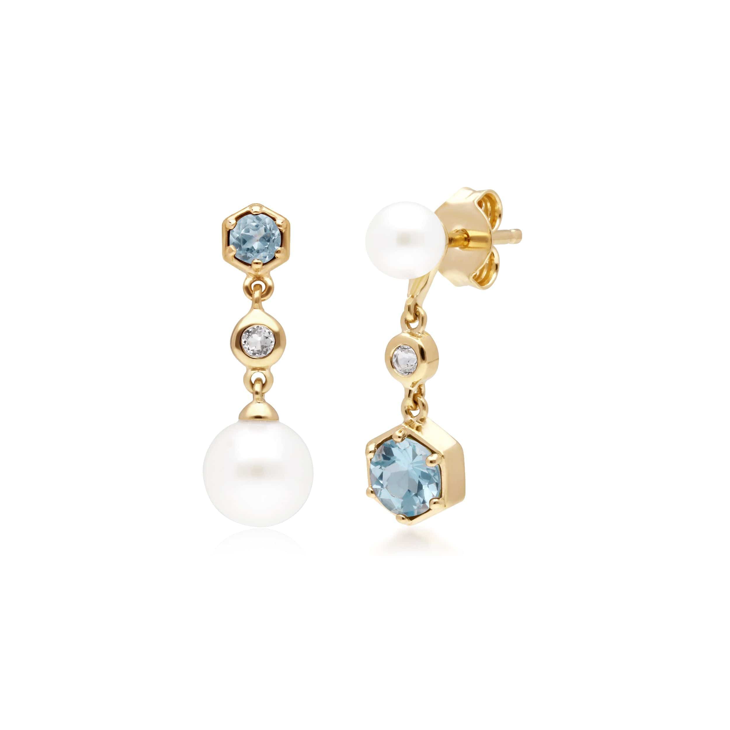 270E030110925 Modern Pearl, White & Blue Topaz Mismatched Drop Earrings in Gold Plated Silver 1