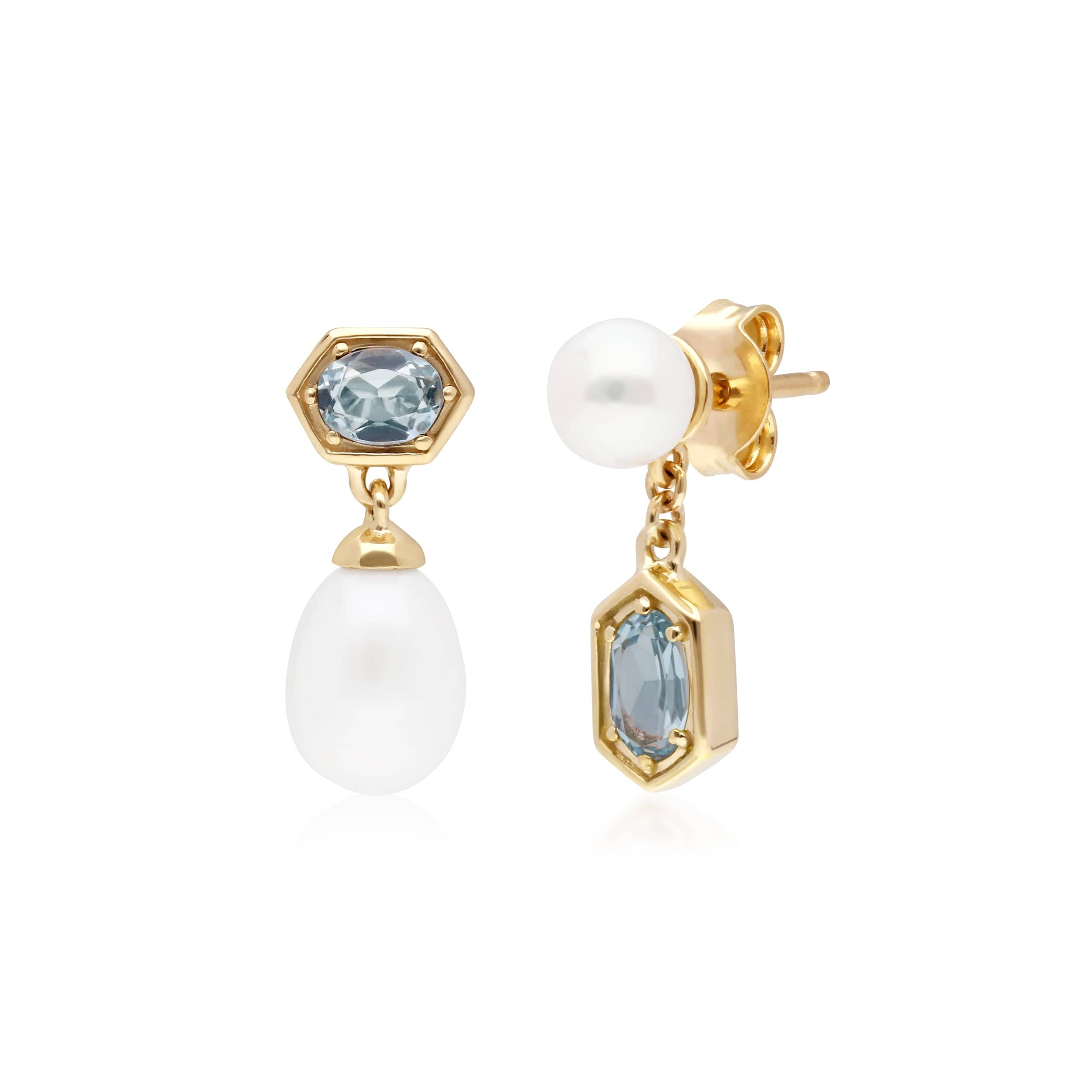 270E030205925 Modern Pearl & Blue Topaz Mismatched Drop Earrings in Gold Plated Silver 1