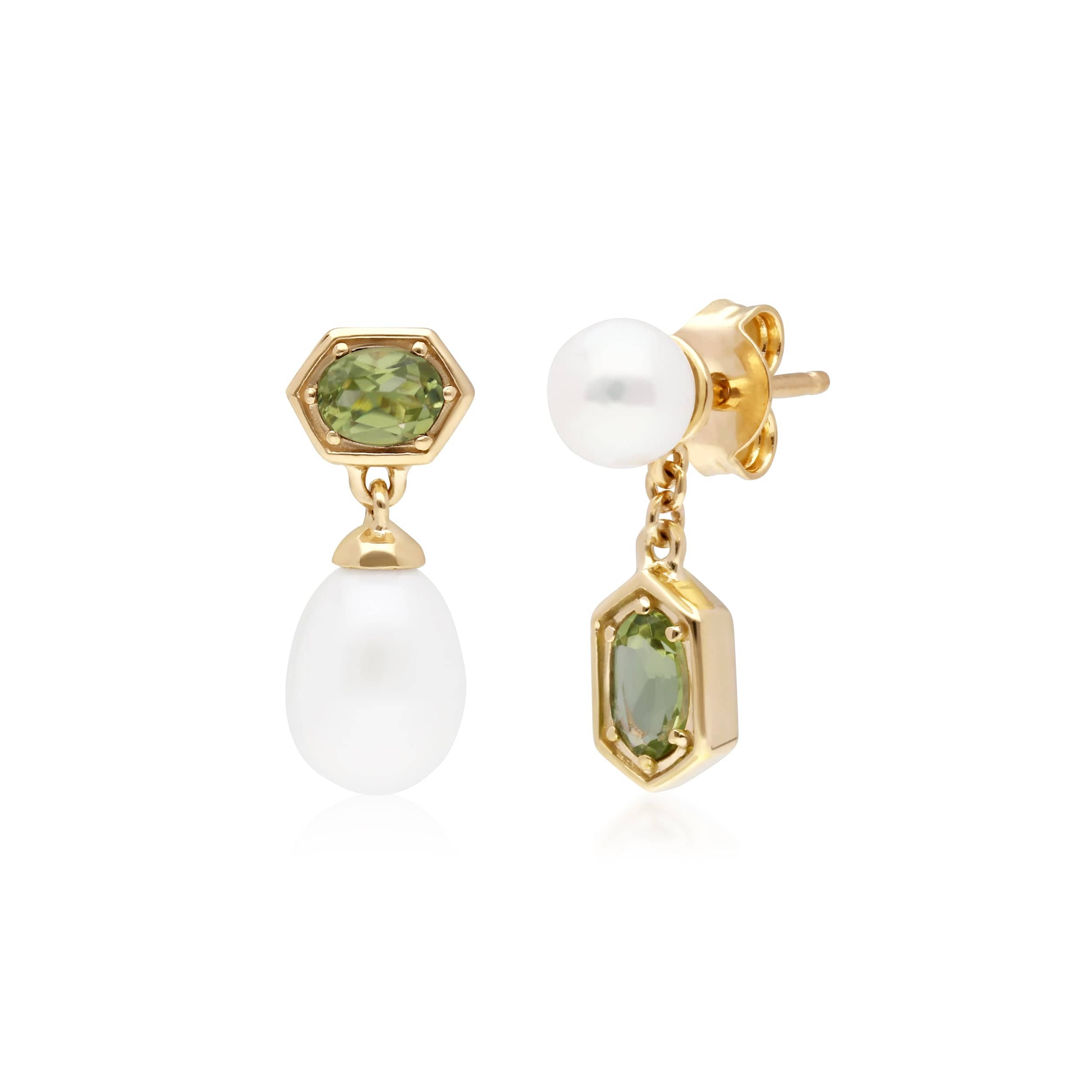 270E030206925 Modern Pearl & Peridot Mismatched Drop Earrings in Gold Plated Silver 1