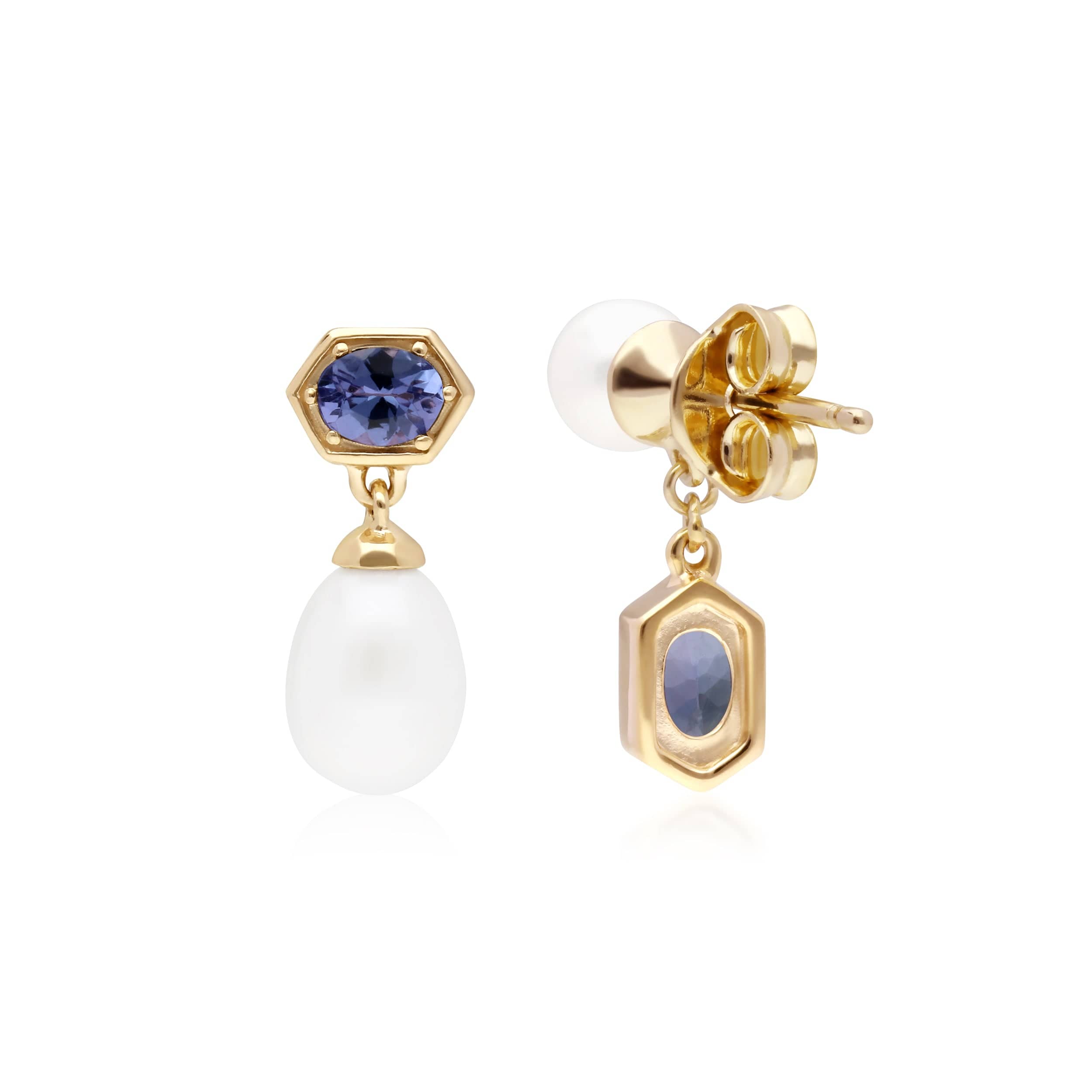 270E030208925 Modern Pearl & Tanzanite Mismatched Drop Earrings in Gold Plated Silver 2