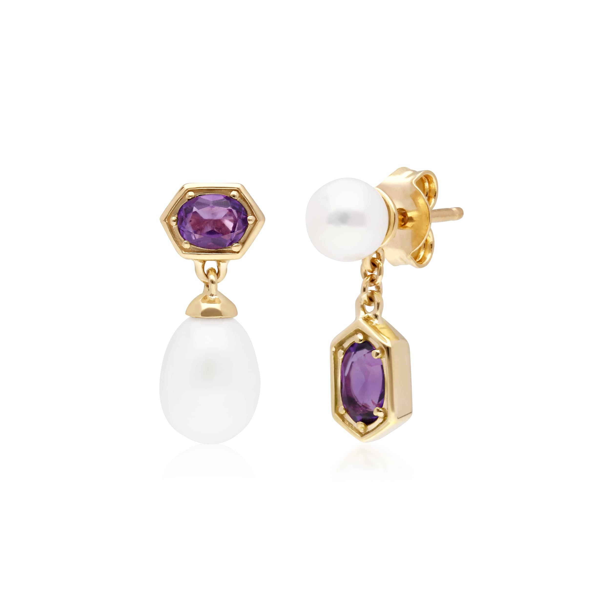 270E030210925 Modern Pearl & Amethyst Mismatched Drop Earrings in Gold Plated Silver 1