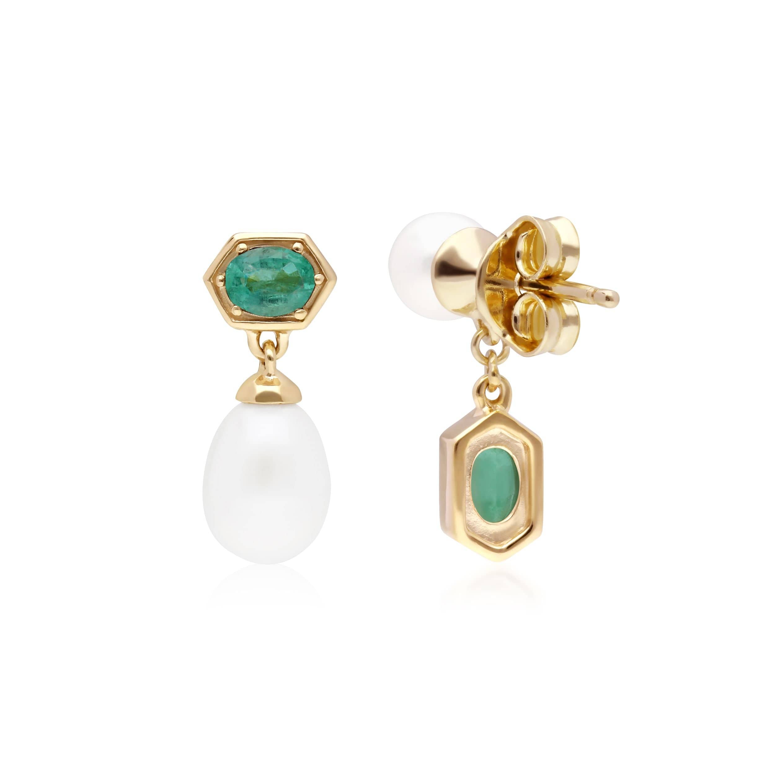 270E030203925 Modern Pearl & Emerald Mismatched Drop Earrings in Gold Plated Silver 2