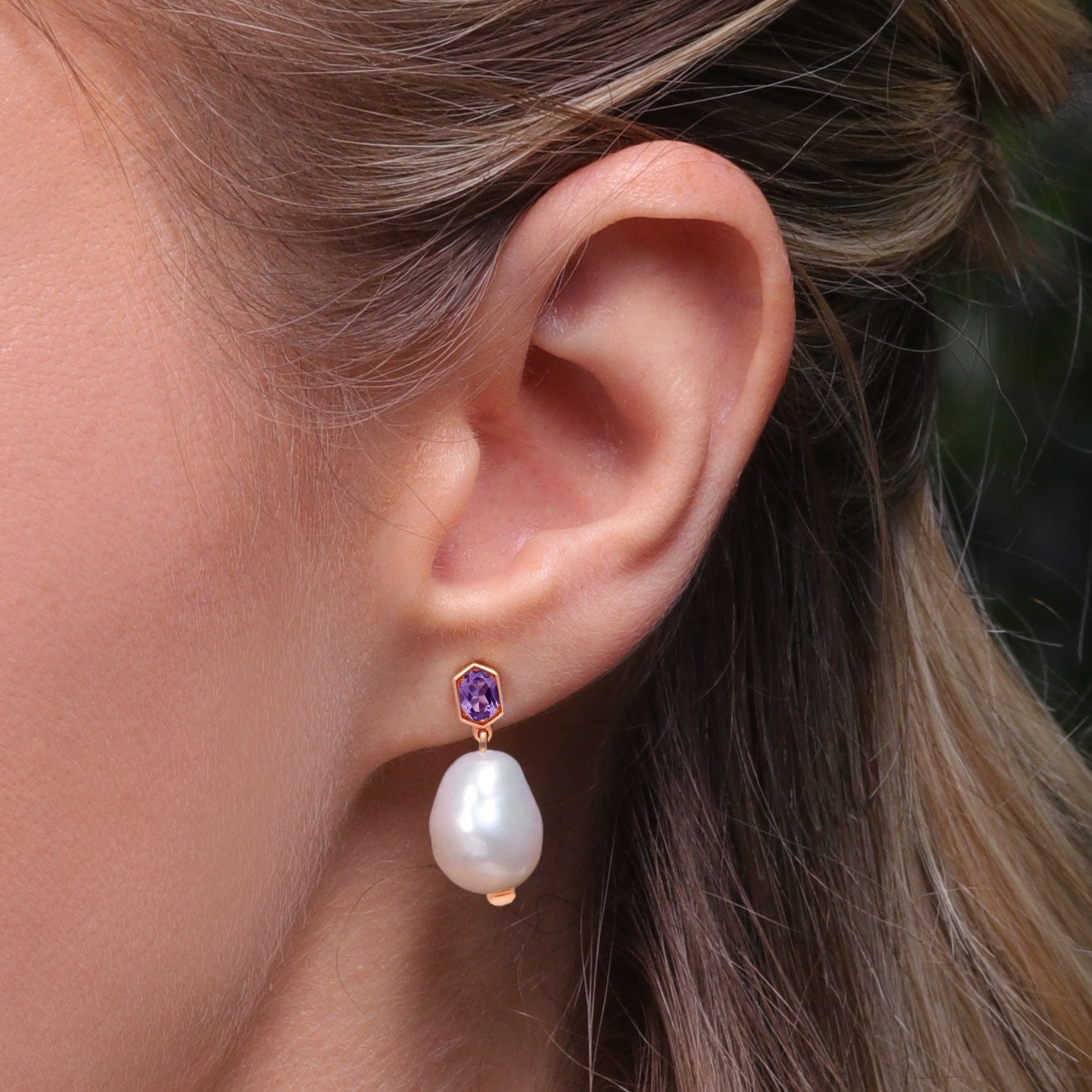 Modern Baroque Pearl & Amethyst Drop Earrings in Rose Gold Plated Silver - Gemondo