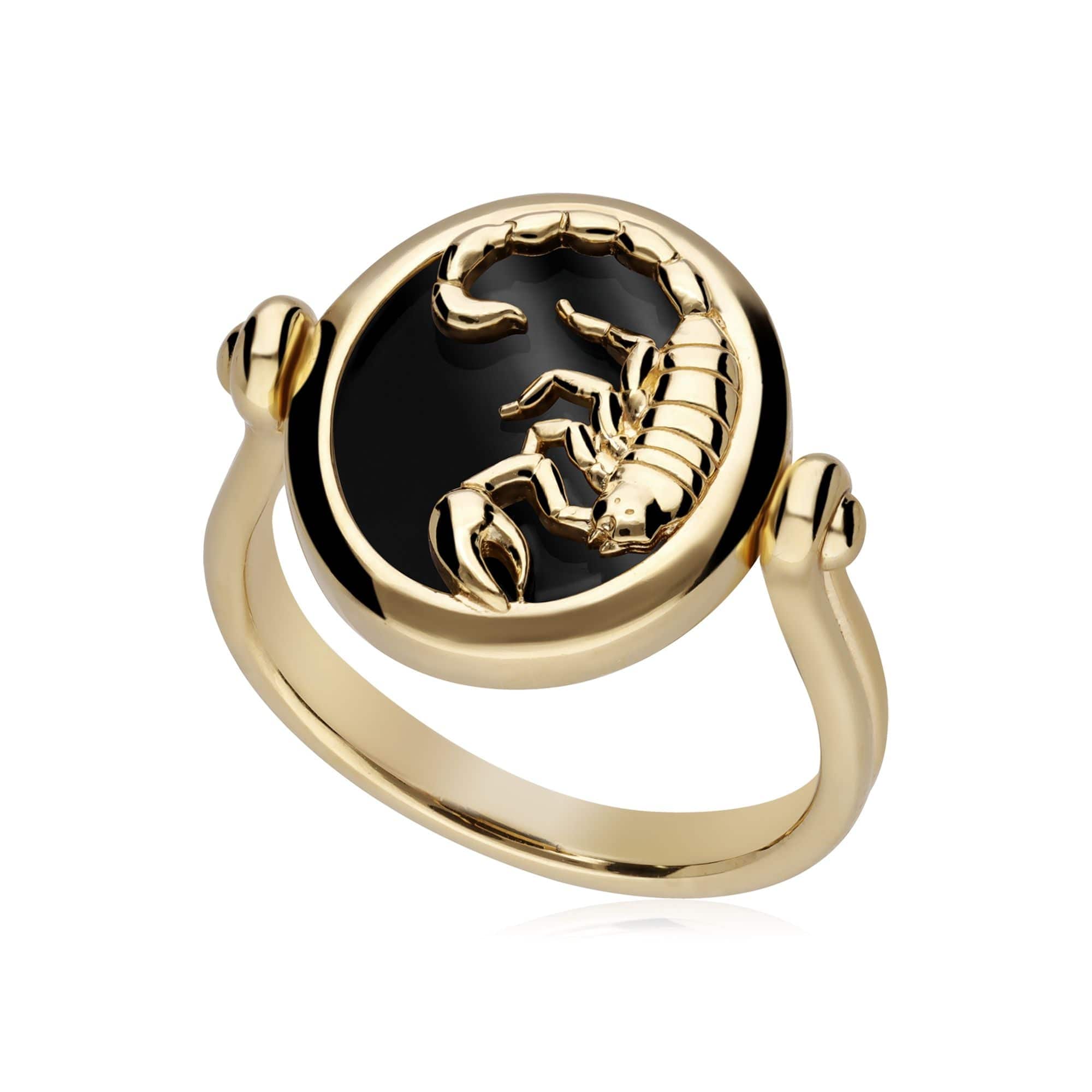 Zodiac Black Onyx Scorpio Flip Ring in 18ct Gold Plated Silver - Gemondo