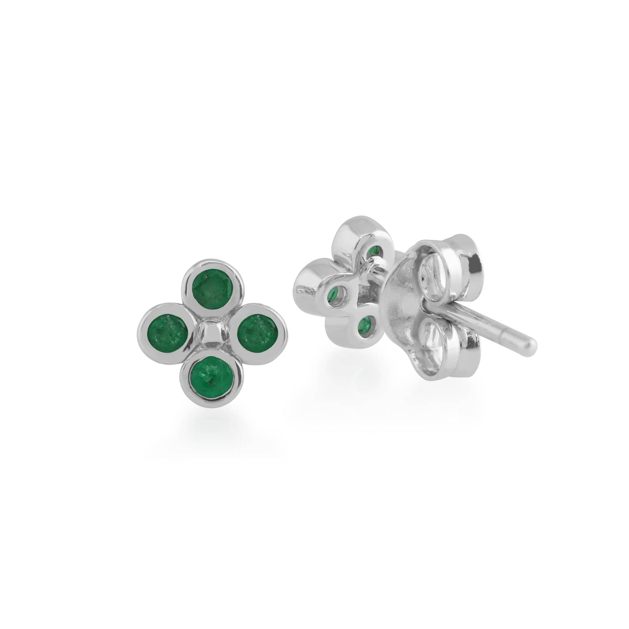 270E020401925 Floral Round Emerald Bezel Set Clover Stud Earrings in 925 Sterling Silver 2