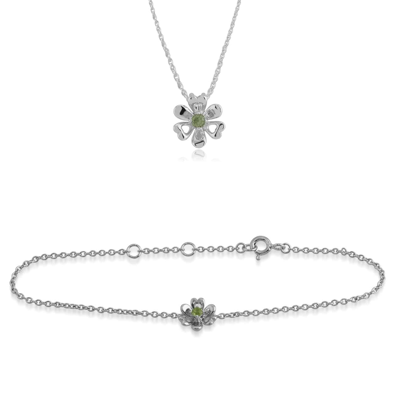 270P021901925-270L009601925 Floral Round Peridot Daisy Flower Pendant & Bracelet Set in 925 Sterling Silver 1