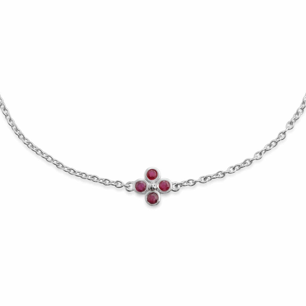 Floral Round Ruby Bezel Set Clover Bracelet in Sterling Silver - Gemondo