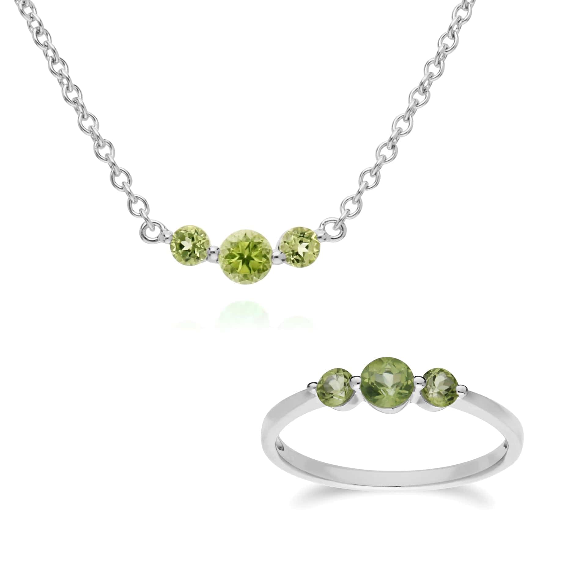 270N034204925-270R056004925 Classic Round Peridot Three Stone Gradient Ring & Necklace Set in 925 Sterling Silver 1