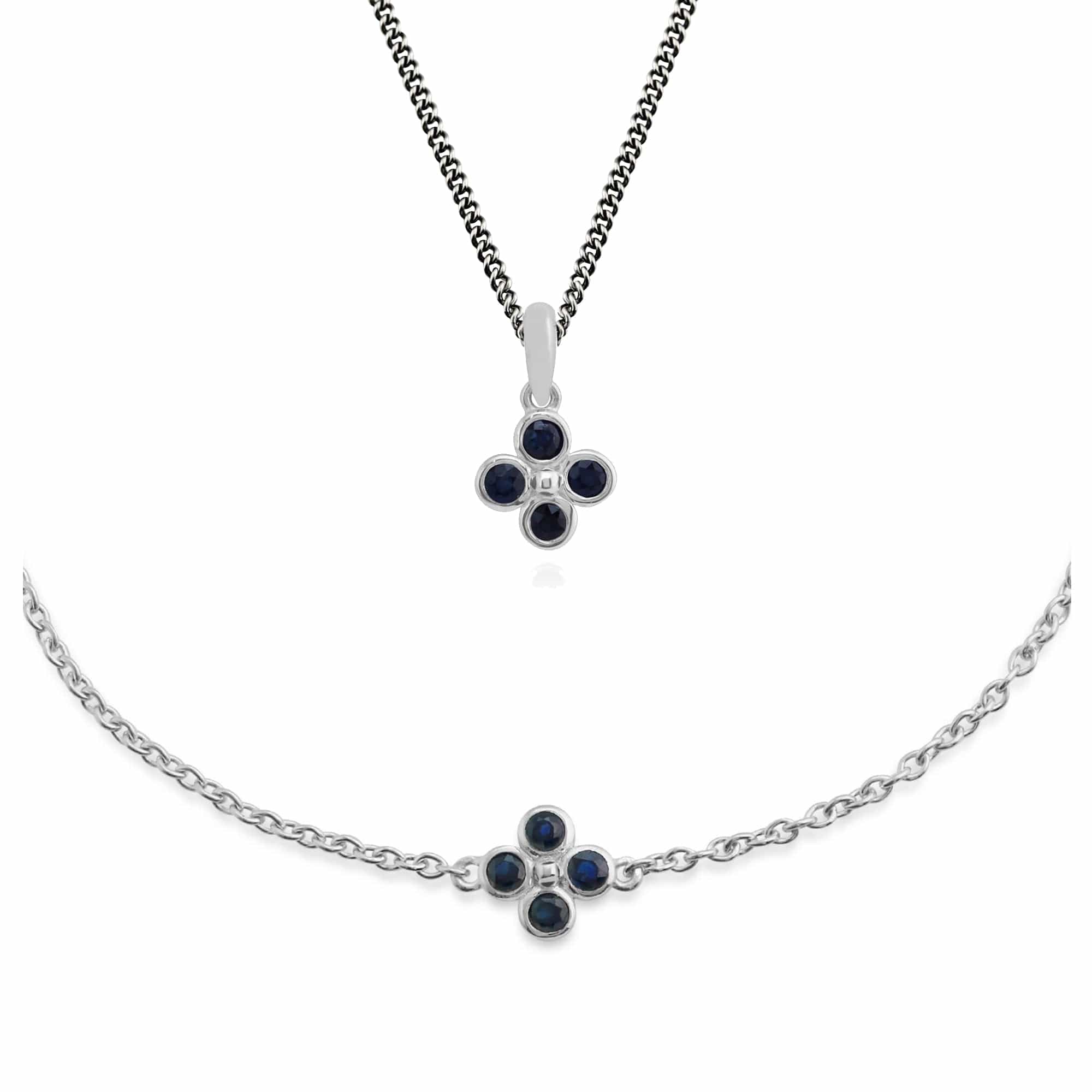 270P022003925-270L009703925 Floral Round Sapphire Clover Pendant & Bracelet Set in 925 Sterling Silver 1