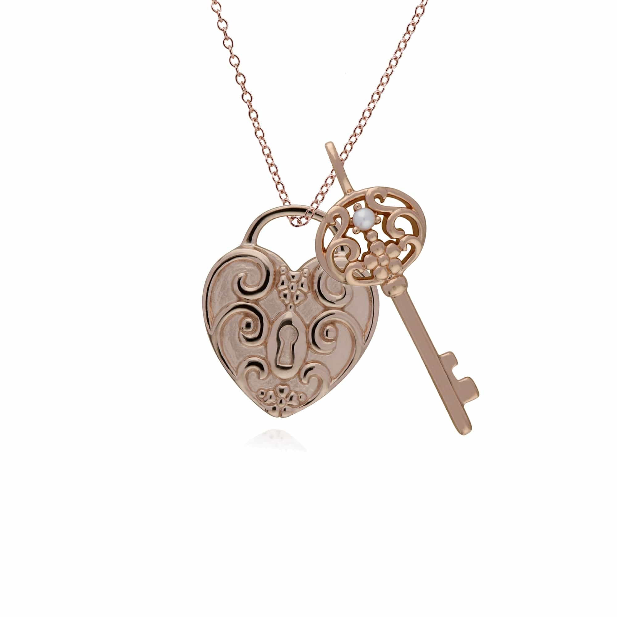 270P026101925-270P026501925 Classic Swirl Heart Lock Pendant & Pearl Big Key Charm in Rose Gold Plated 925 Sterling Silver 1