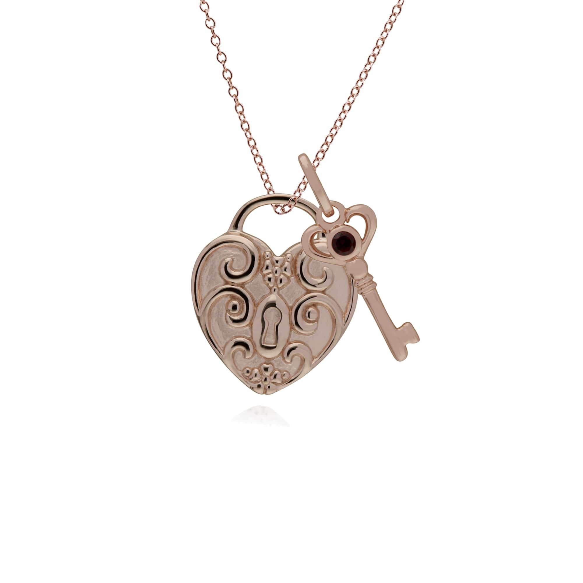 270P026306925-270P026501925 Classic Swirl Heart Lock Pendant & Garnet Key Charm in Rose Gold Plated 925 Sterling Silver 1