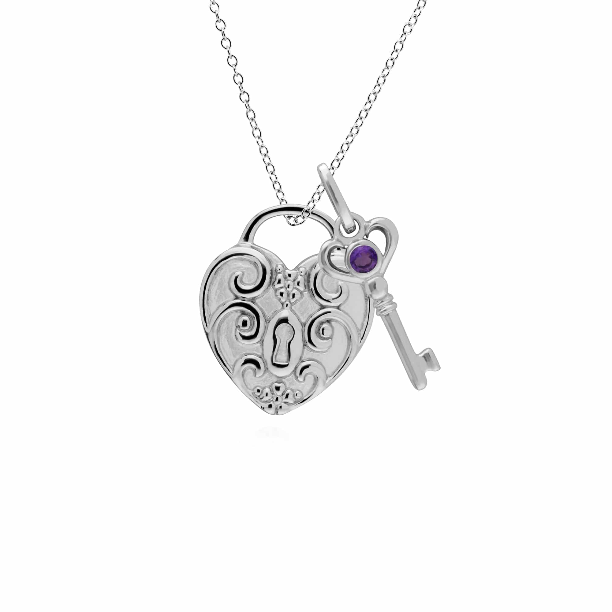 270P026404925-270P026601925 Classic Swirl Heart Lock Pendant & Amethyst Key Charm in 925 Sterling Silver 1