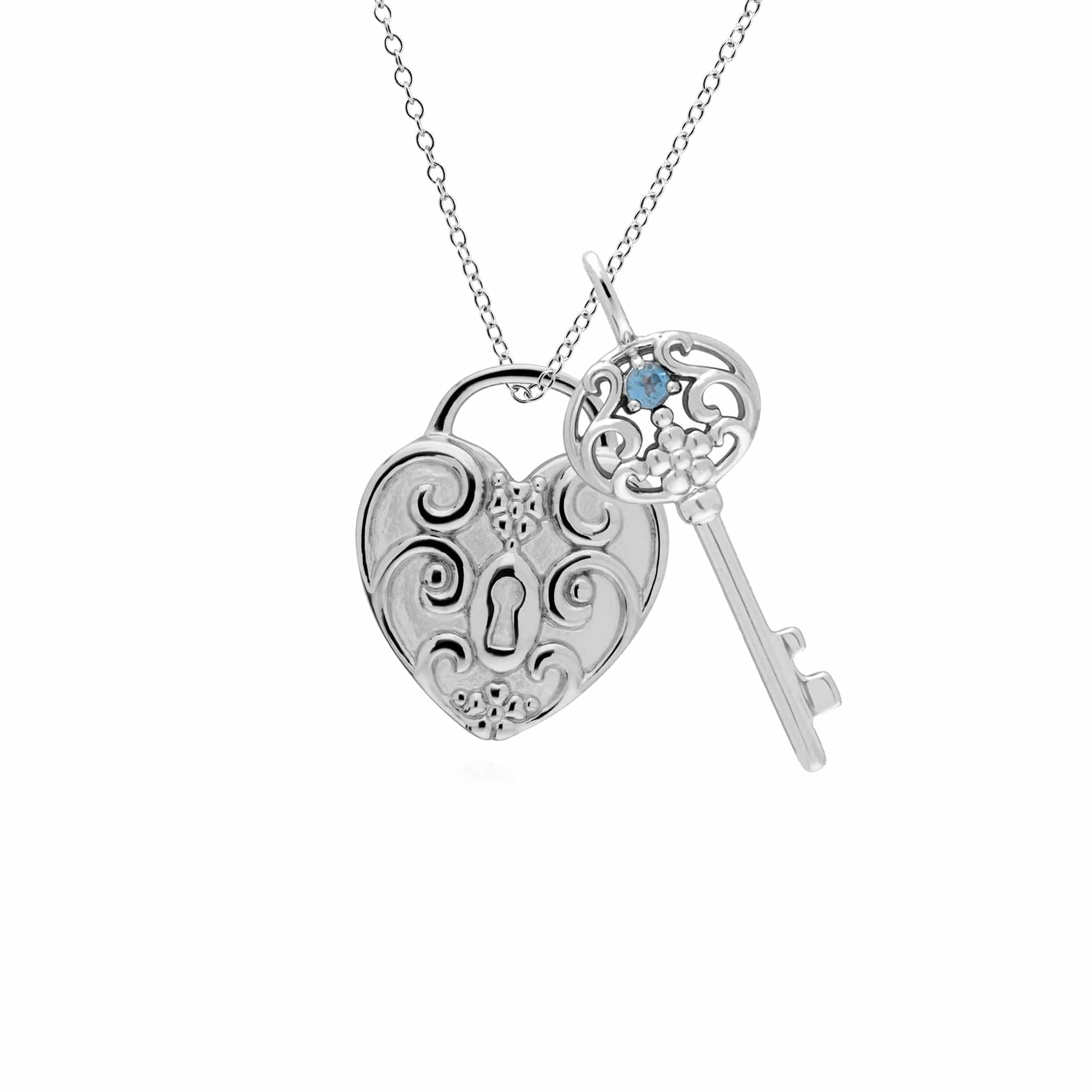 270P026809925-270P026601925 Classic Swirl Heart Lock Pendant & Blue Topaz Big Key Charm in 925 Sterling Silver 1