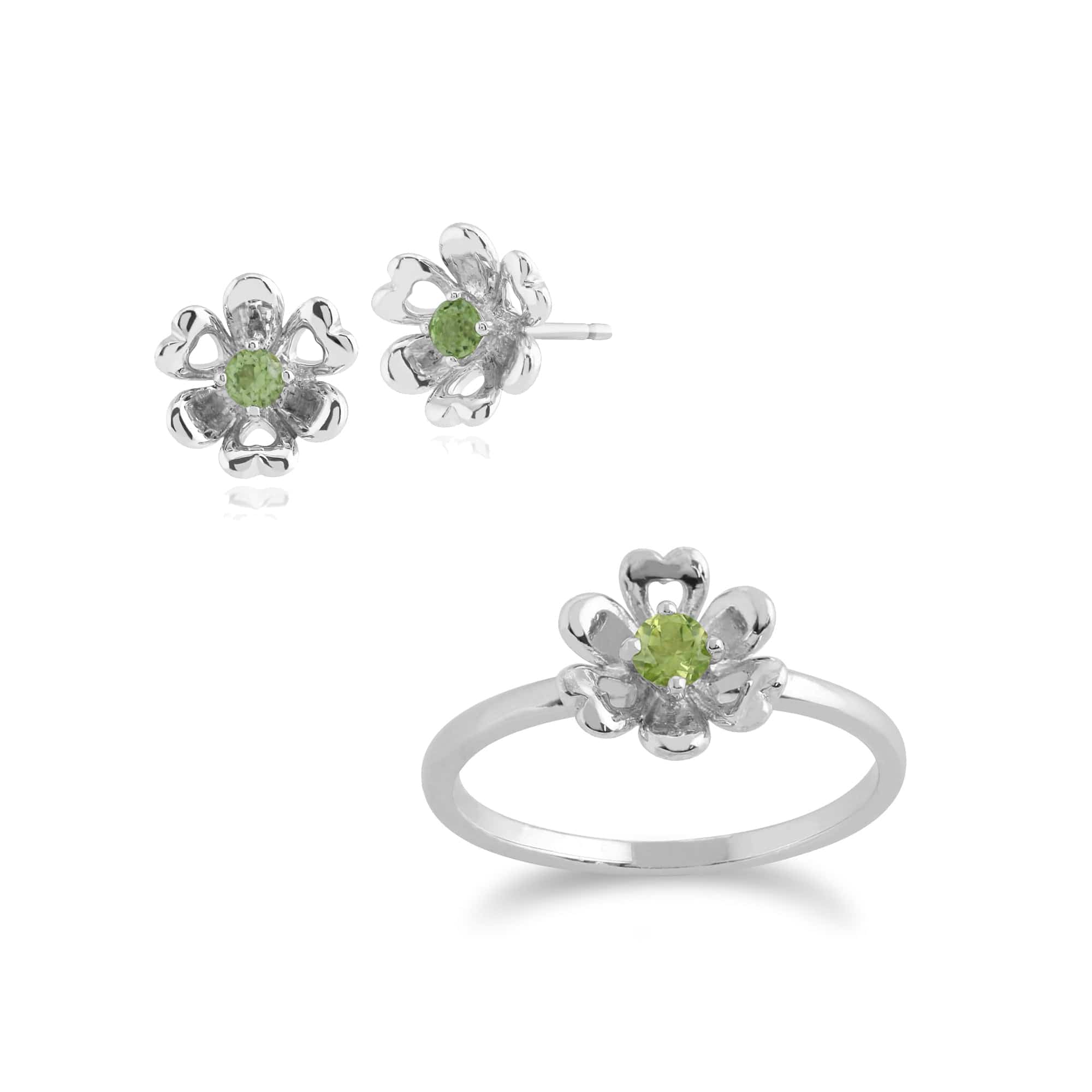 270E020301925-270R048401925 Floral Round Peridot Daisy Flower Stud Earrings & Ring Set 1