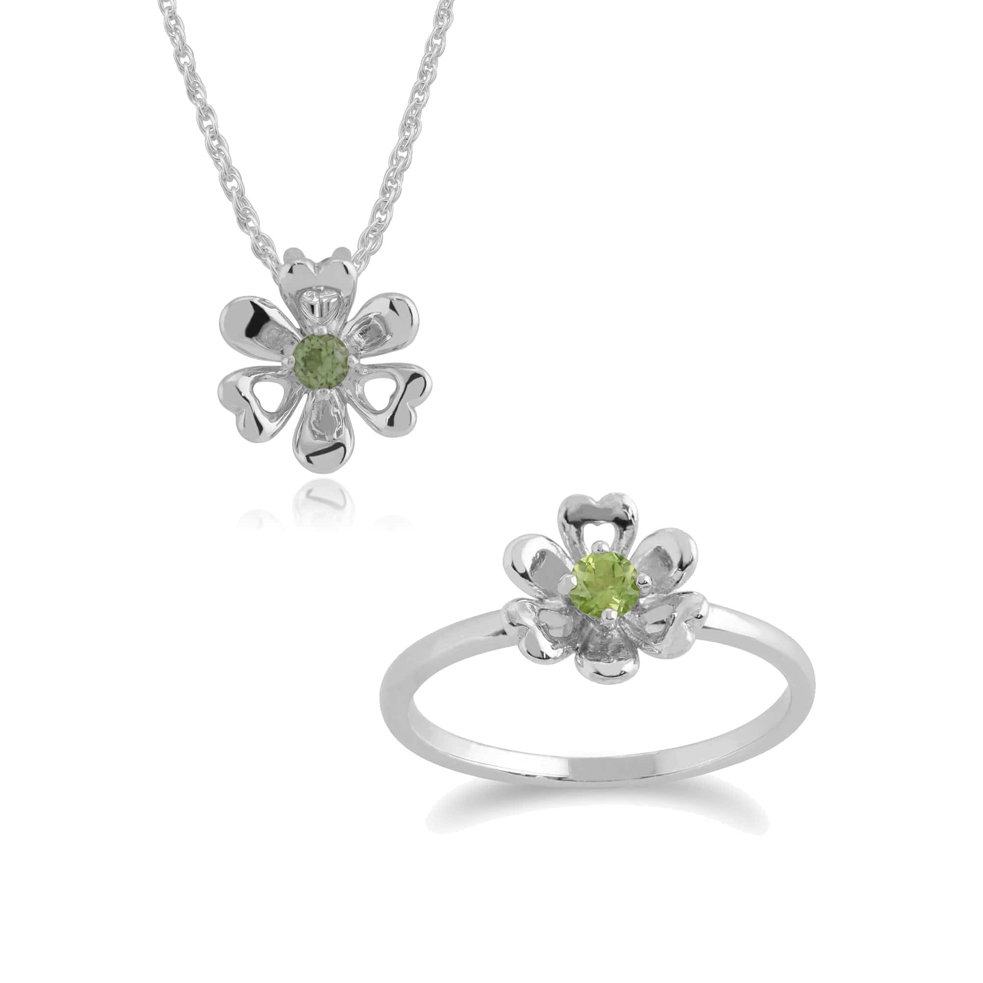 270P021901925-270R048401925 Floral Round Peridot Daisy Flower Pendant & Ring Set in 925 Sterling Silver 1