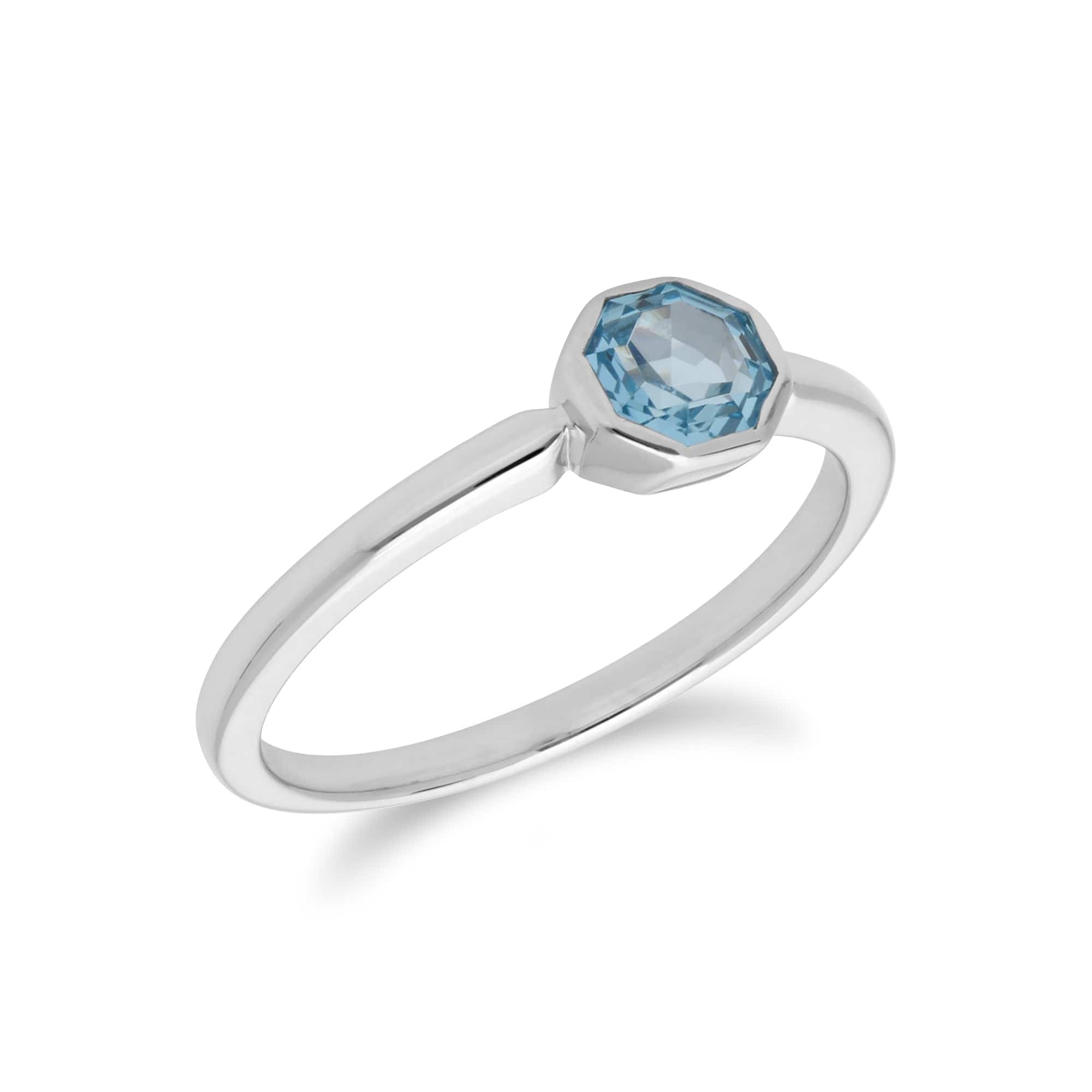 Geometric Hexagon Blue Topaz Bezel Set Ring in 925 Sterling Silver