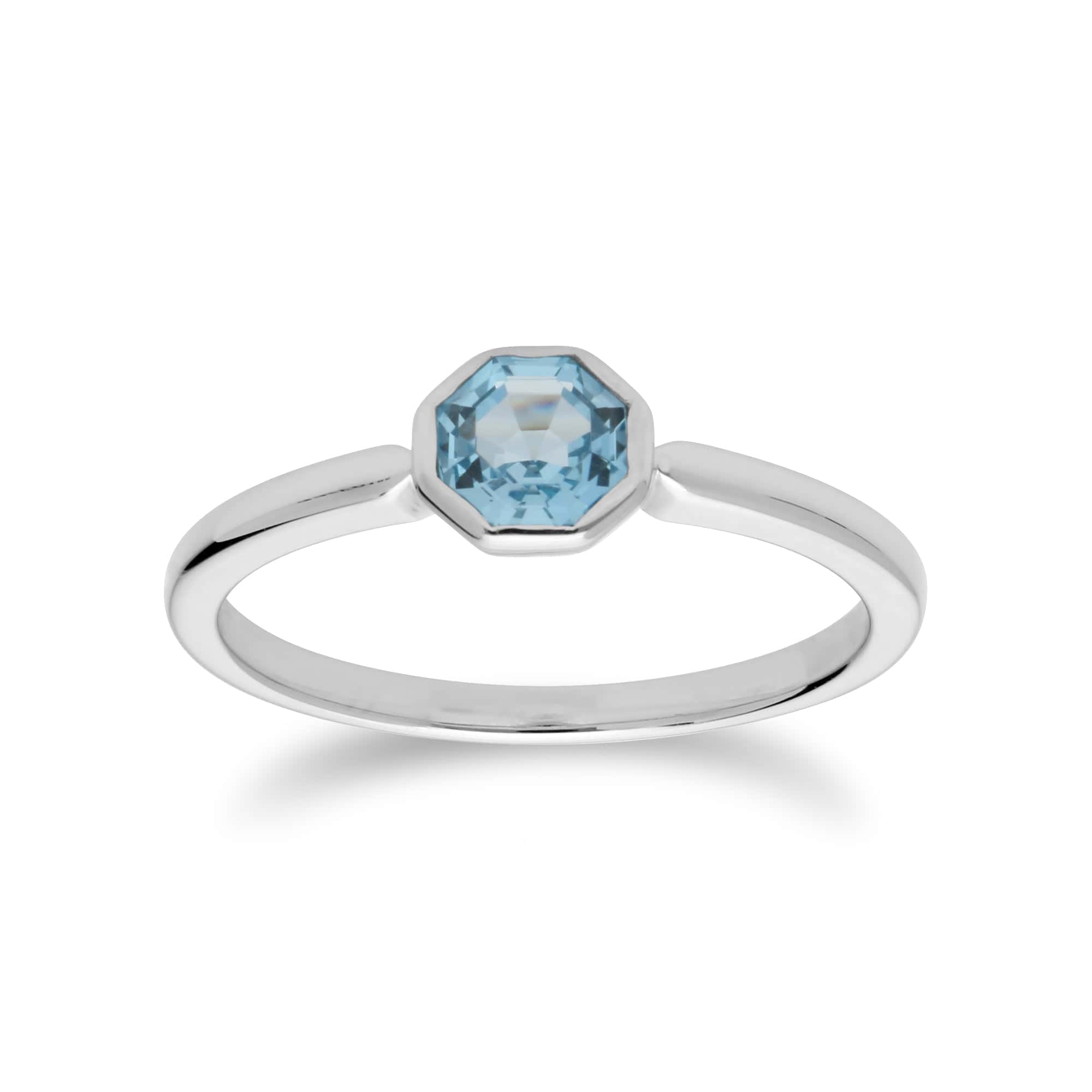 Geometric Hexagon Blue Topaz Bezel Set Ring in 925 Sterling Silver