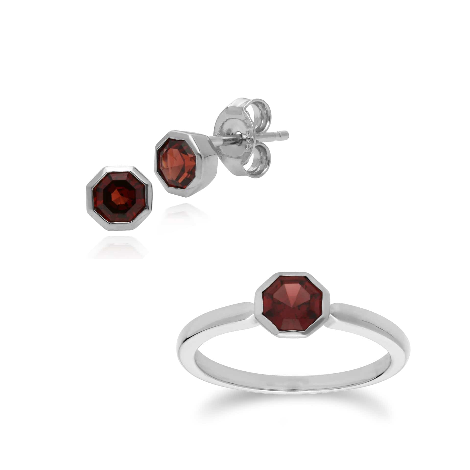 270E025003925-270R055702925 Geometric Octagon Garnet Bezel Stud Earrings & Ring Set in 925 Sterling Silver 1