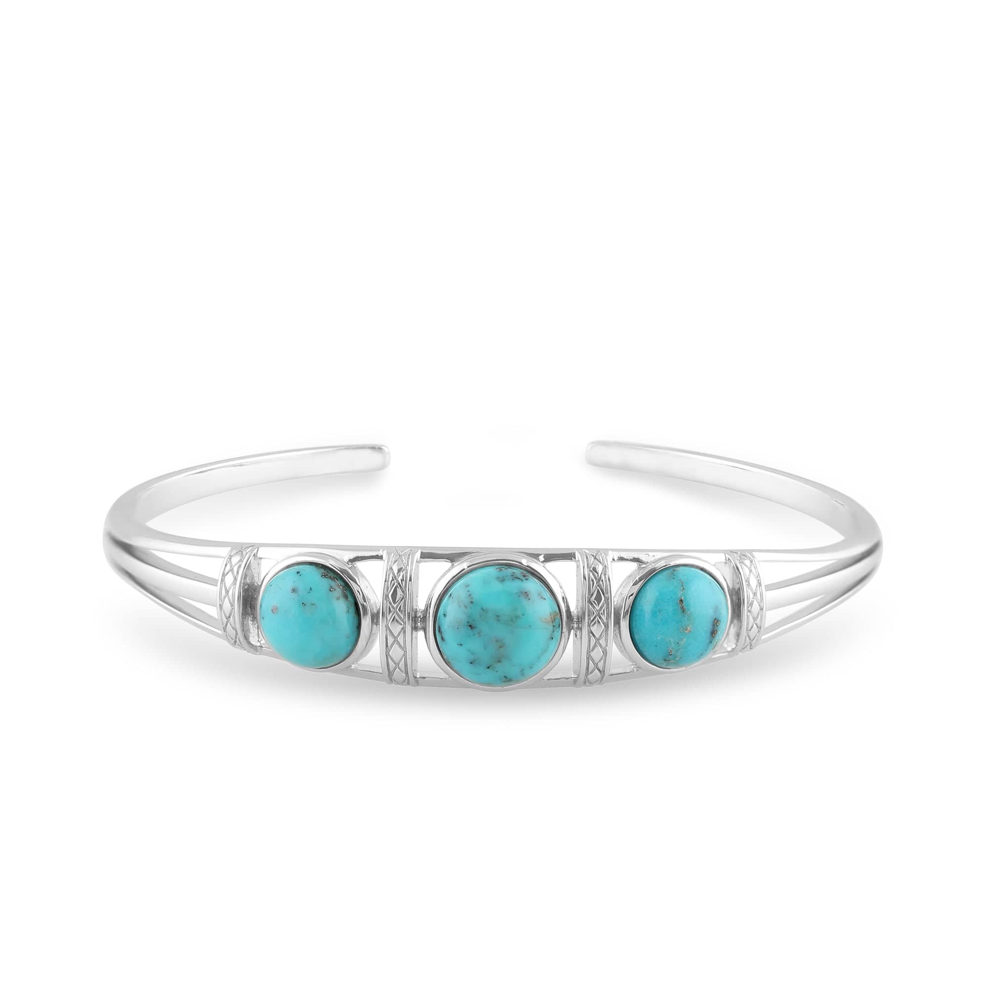 Boho Round Turquoise Cabochon Bangle in 925 Sterling Silver - Gemondo