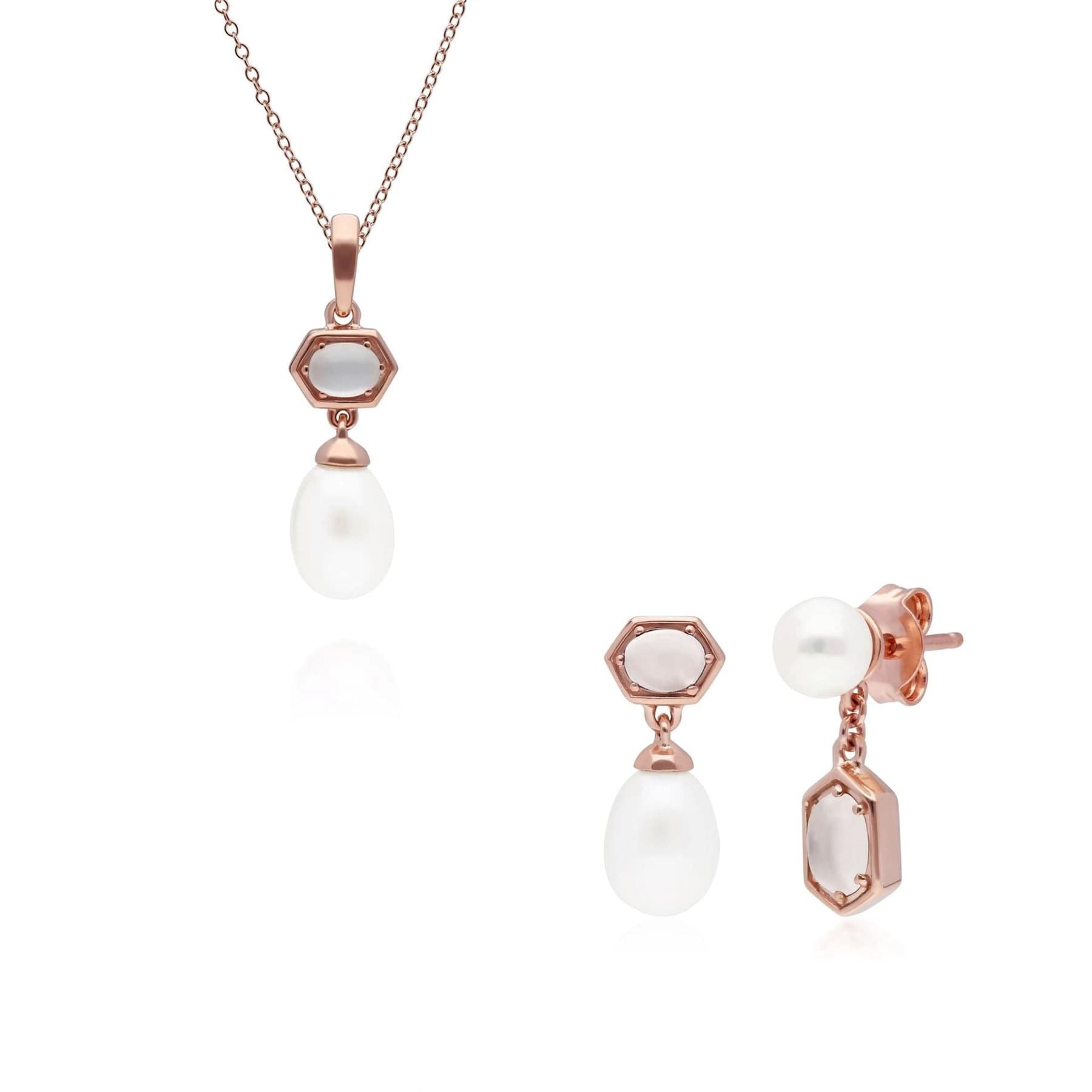270P030802925-270E031002925 Modern Pearl & Moonstone Pendant & Earring Set in Rose Gold Plated Silver 1
