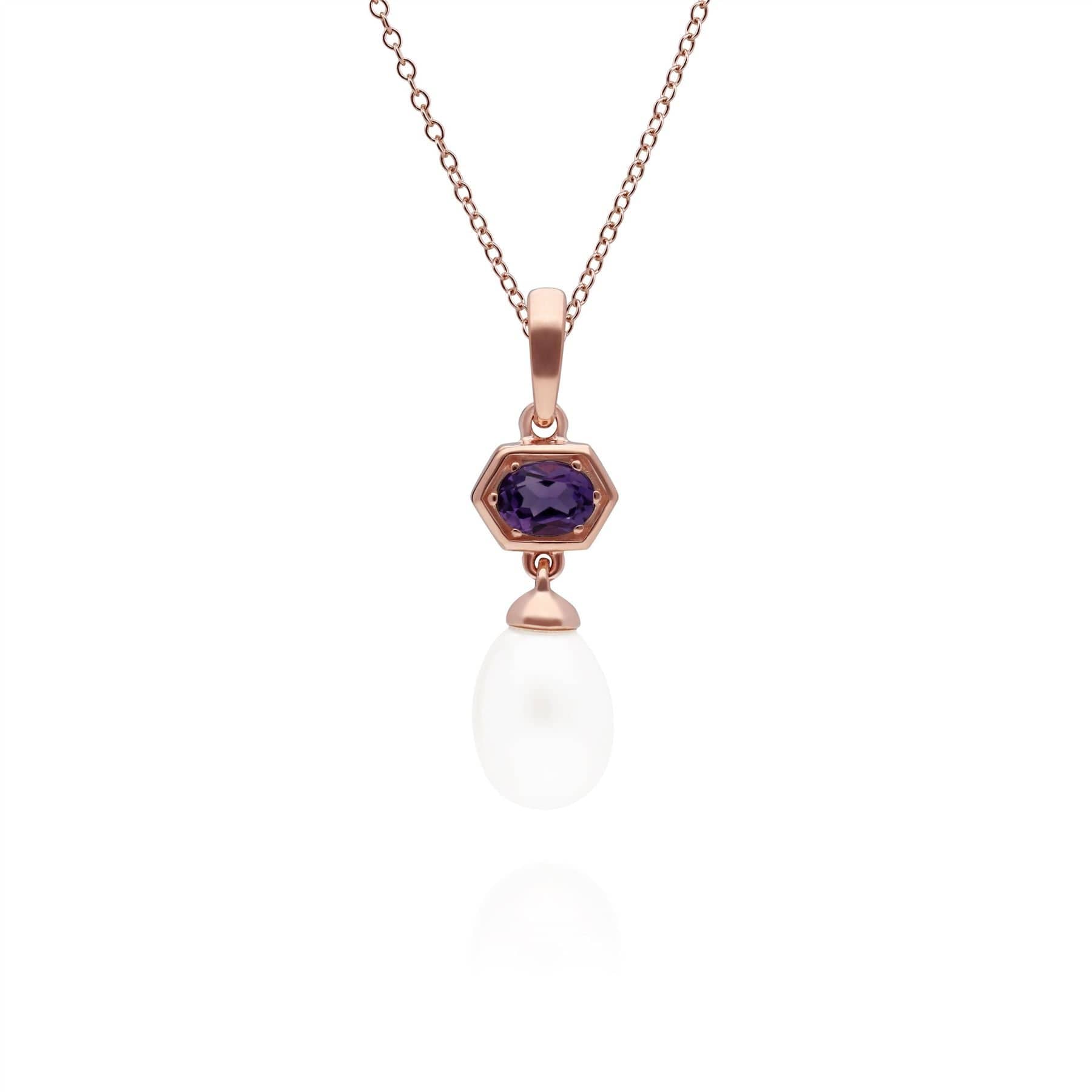 270P030410925 Modern Pearl & Amethyst Hexagon Drop Pendant in Rose Gold Plated Silver 1