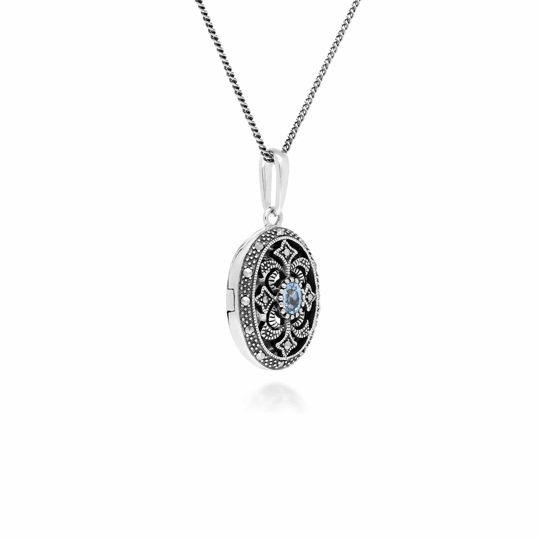 Art Nouveau Style Oval Aquamarine & Marcasite Locket Necklace in 925 Sterling Silver - Gemondo