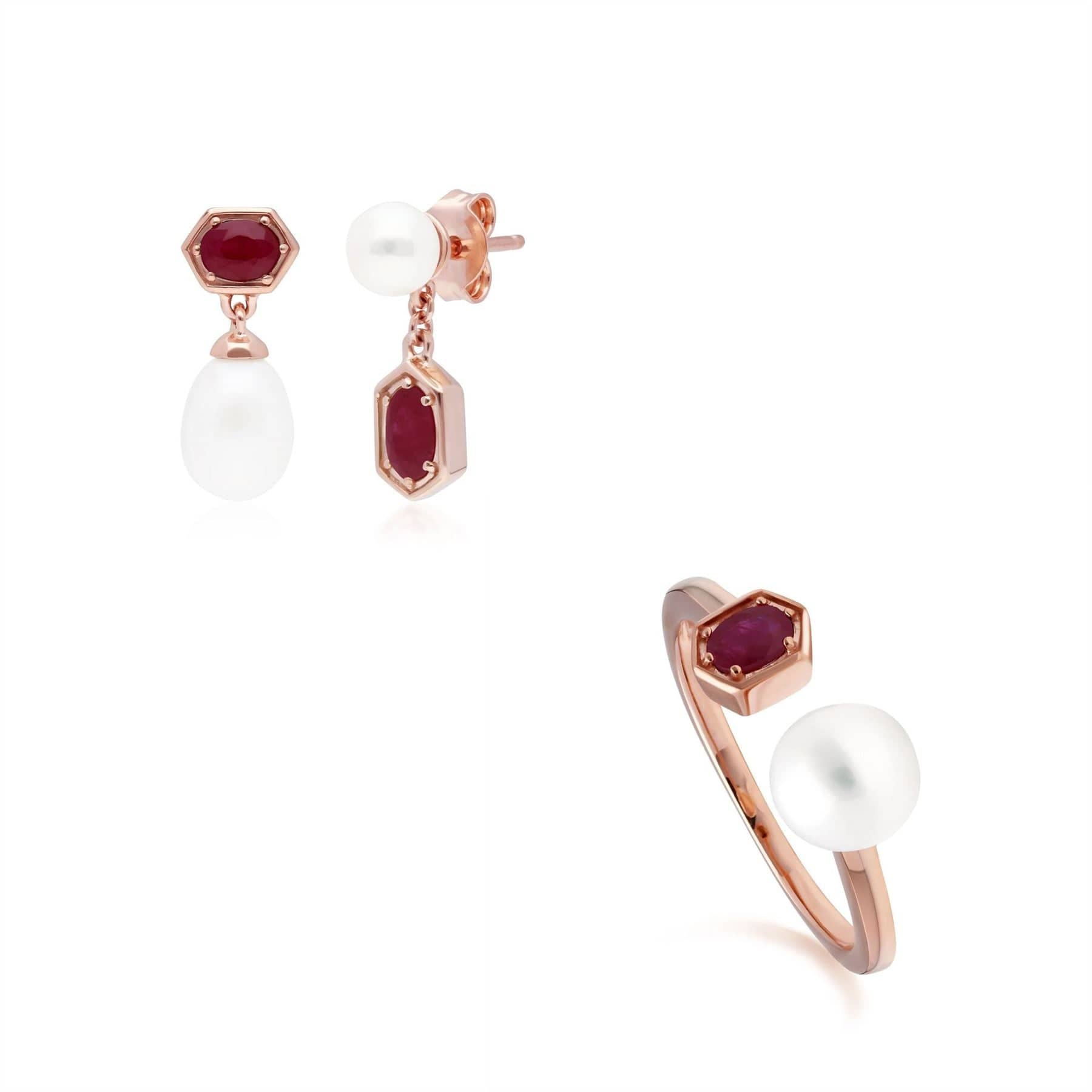 Modern Pearl & Ruby Earring & Ring Set in Rose Gold Plated Silver - Gemondo
