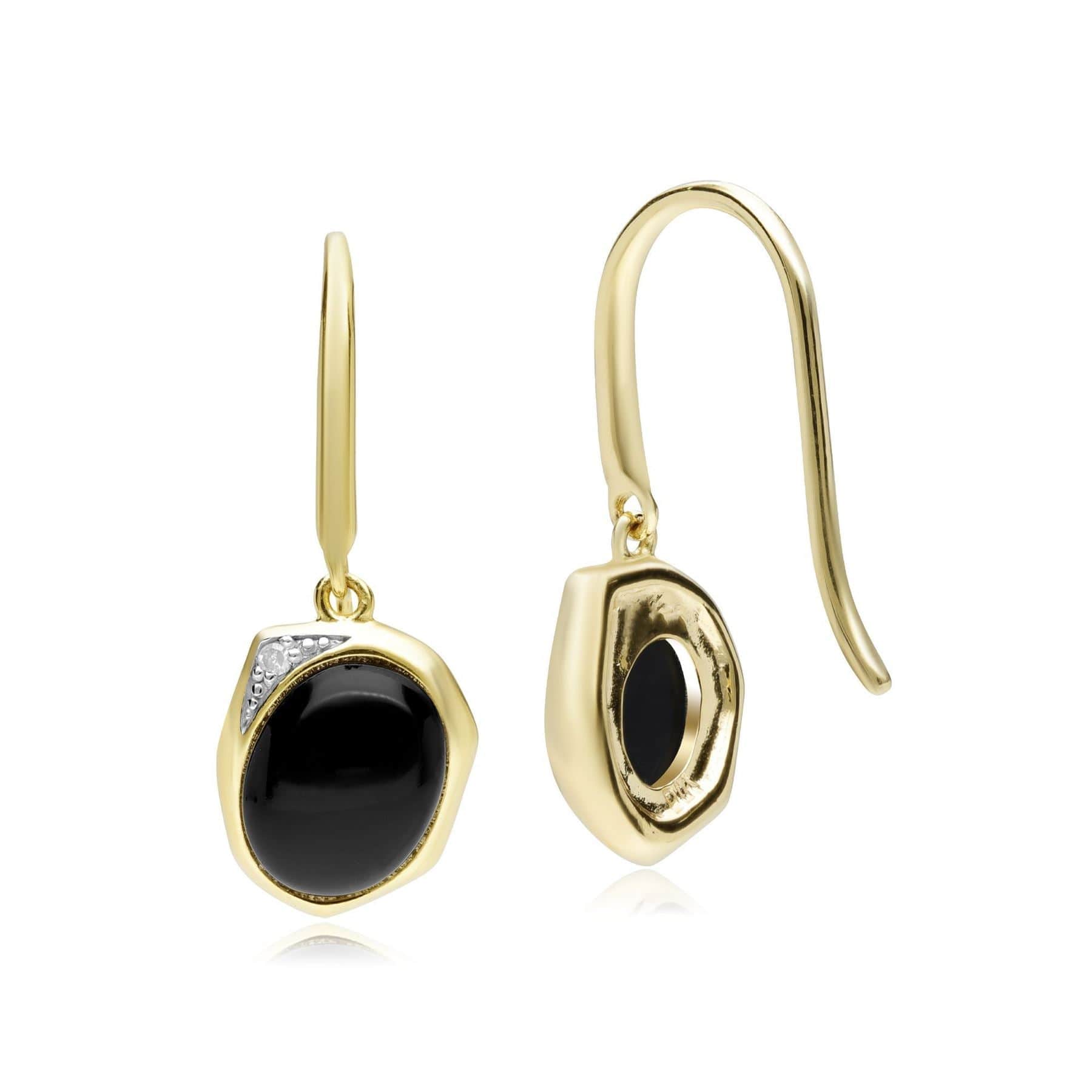 270E027107925 Irregular B Gem Black Onyx & Diamond Drop Earrings In Yellow Gold Plated Silver 3