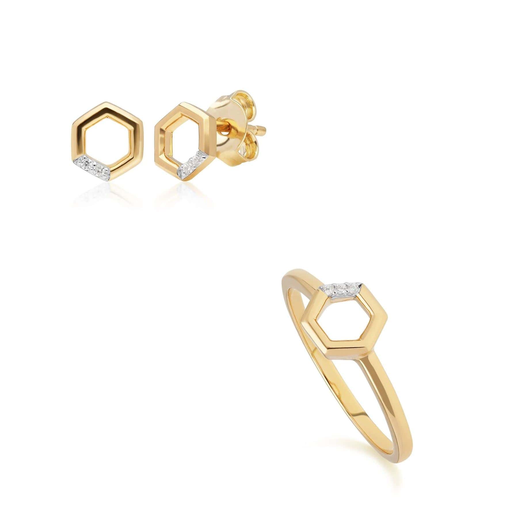 191E0392029-191R0896029 Diamond Pave Hexagon Stud Earring & Ring Set in 9ct Yellow Gold 1