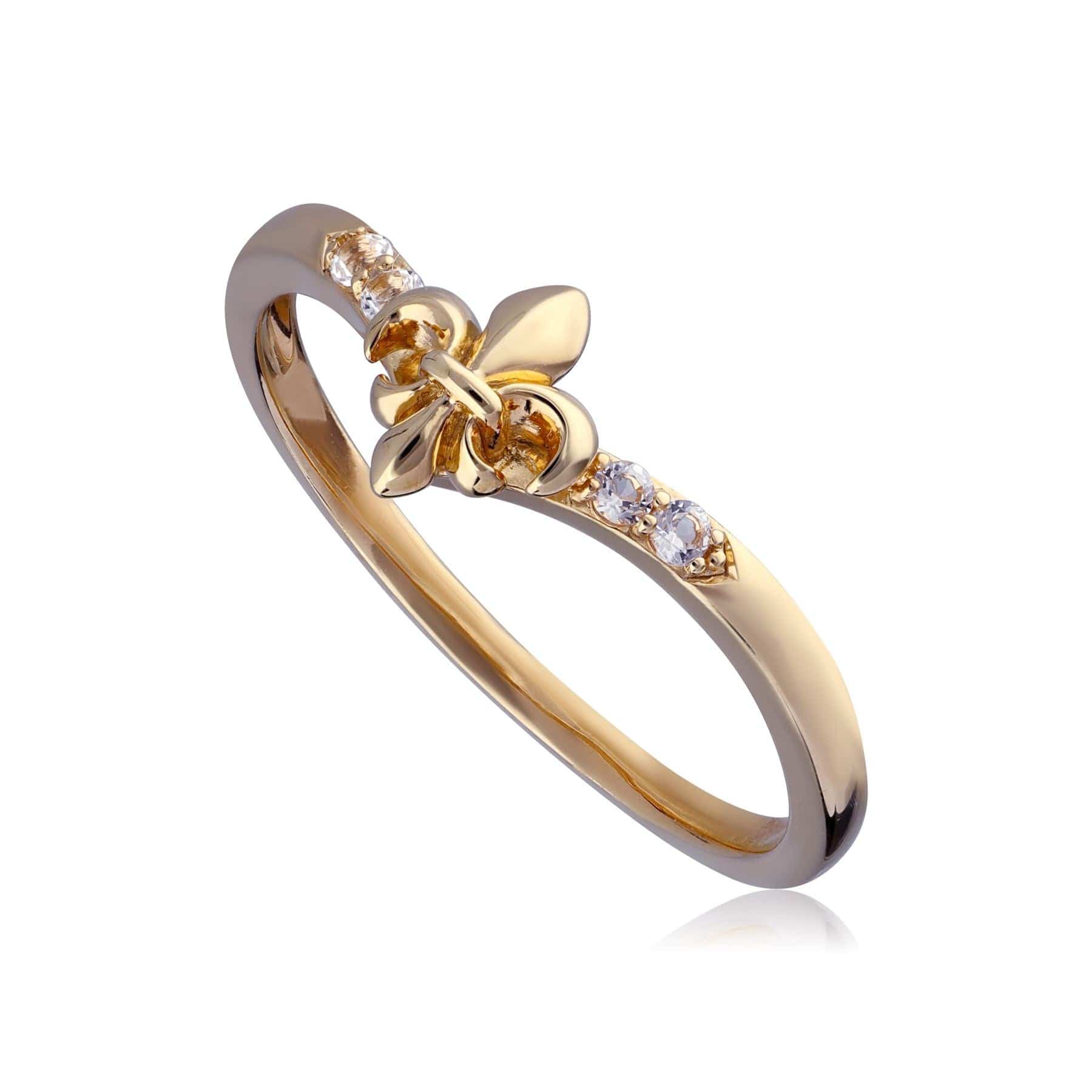 133R9497019 ECFEW™ White Topaz Fleur De Lis Wishbone Ring In 9ct Yellow Gold 1